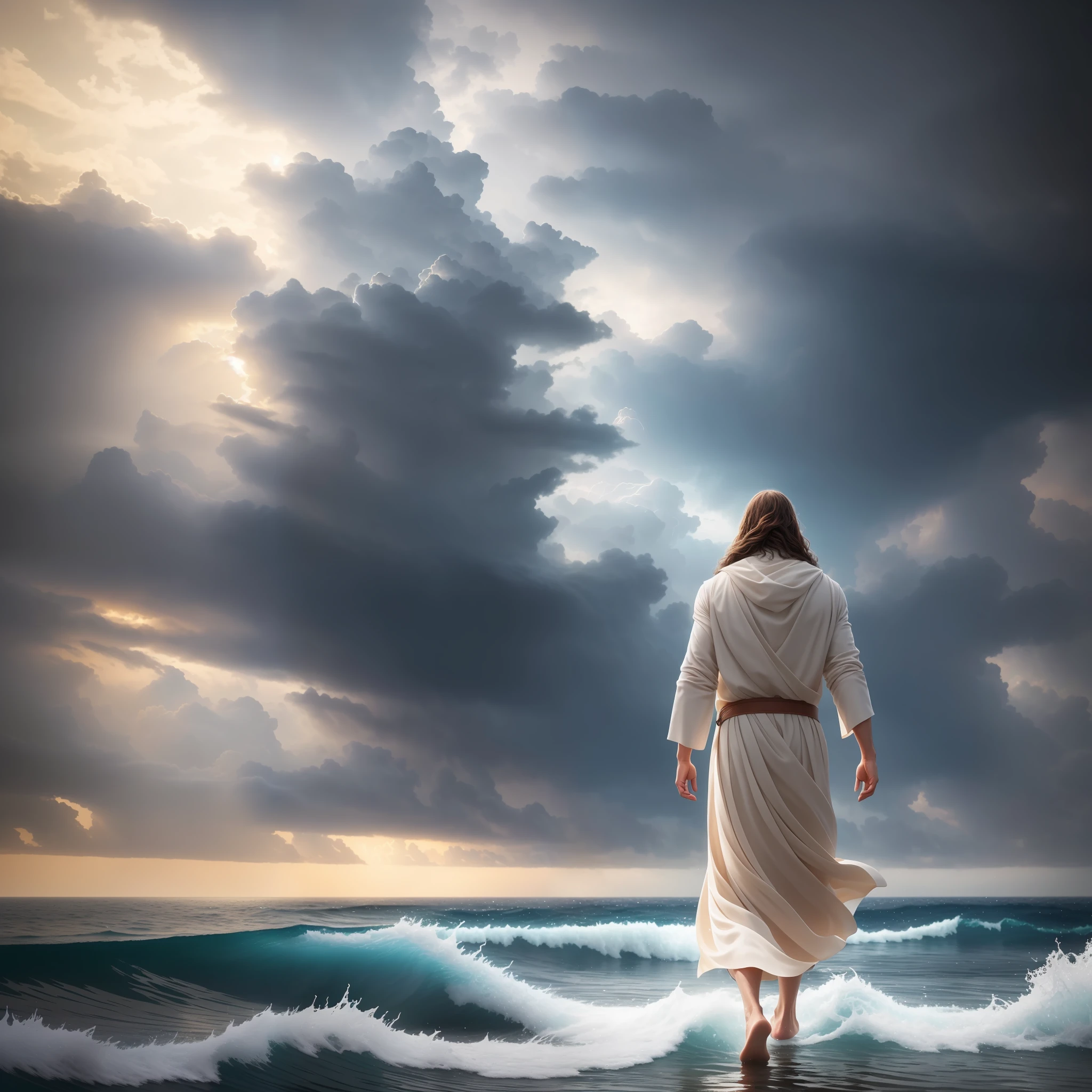 jesus walking on water in a storm, masterpiece, best quality, high quality, extremely detailed CG unit 8k wallpaper, award winning photography, Bokeh, Depth of Field, HDR, bloom, Chromatic aberration, photorealistic, extremely detailed, trending on artstation, trending on CGsociety, intricate, high detail, dramatic, mid-journey art, volumetric lighting