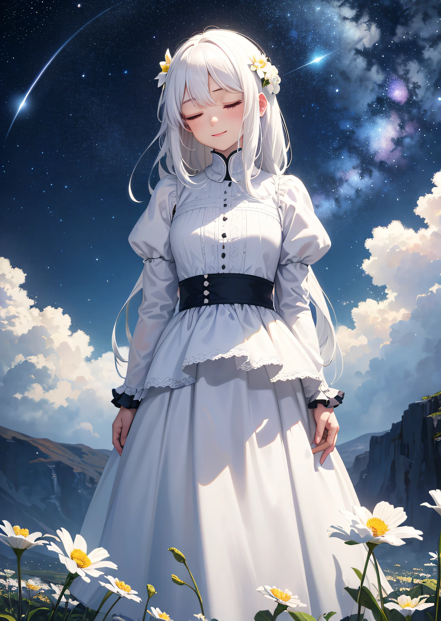 masterpiece, best quality, 1girl, white hair, standing, flower field, arms behind back, night, starry sky, closed eyes, light smile,