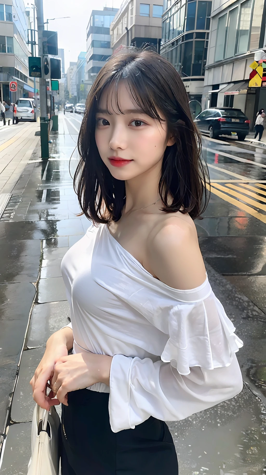 ((Best Quality, 8K, Masterpiece:1.3)), Focus: 1.2, Perfect Body Beauty: 1.4, Buttocks: 1.2, ((Layered Haircut, Breasts: 1.2)), (Wet Clothes: 1.1) , (Rain, Street:1.3), Bandeau Dress: 1.1, Highly Detailed Face and Skin Texture, Delicate Eyes, Double Eyelids, Whitened Skin, Long Hair