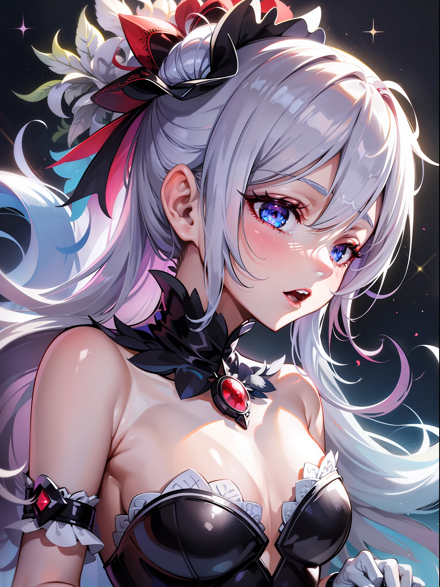 hide hands, red hair, light blue eyes, veil, arm covers, medium hair, wigs, seductive sparkly blueberry dance costume, white hair, white and yellow cloth, red eyes, black long gloves, super delicate, dream, partially colored, game CG, side, solo focus, petite girl, women, babies, 5 years old, long hair, blue striped hair, parted bangs, eyes visible through the hair, short ponytail, hair intake, gray hair, multicolored hair, flowing hair, girl disgusted face, thoughtful, V-shaped eyebrows, bright eyes, blue ears, parted lips, delicate hands, flat chest, belly, blond eyes, white skin, red ribbon, iridescent jewelry hat, UHD, retina, masterpiece, accurate, anatomically correct, textured skin, super detail, high detail, high quality, award-winning, top quality, high resolution, 1080p, HD, 4K, 8K, 16K, Acid core, 1girl, neon gradient, thick eyelashes, close-up, (crazy eyes)++, crazy smile, multicolored hair, open mouth, one eye closed, dancing, abstract background, high resolution, best quality, masterpiece, perfect anatomy, perfect face