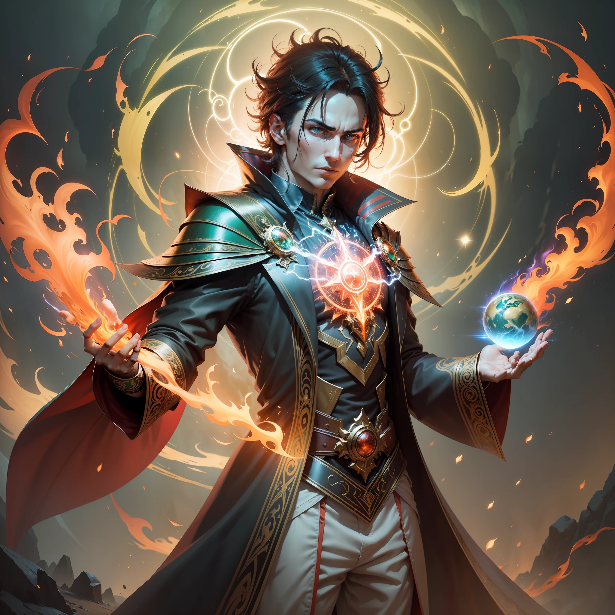 Create an image of a magician in a magical and futuristic setting. The magician must be wearing a splendid costume in the combination of green and gold, with technological details and elements that make it a unique and advanced costume. Its appearance should be majestic and enigmatic, conveying power and wisdom.

In the hands of the mage, place intense and vivid red flames, which seem to burn with an uncontrollable magical power. The flames should stand out with bright and luminous details, radiating heat and energy.

The backdrop can be a mystical sanctuary, an enchanted forest or an exotic planet, with landscapes that highlight the magical power of the character. Feel free to add magical details and futuristic elements to the environment, making it visually fascinating.

The magician must be in a confident and imposing pose, showing his connection to the mystical energies by controlling the red flames with skill and dexterity.

Let your imagination flow to create a stunning and captivating image of the wizard that depicts all of his magical power in a futuristic context. --auto --s2