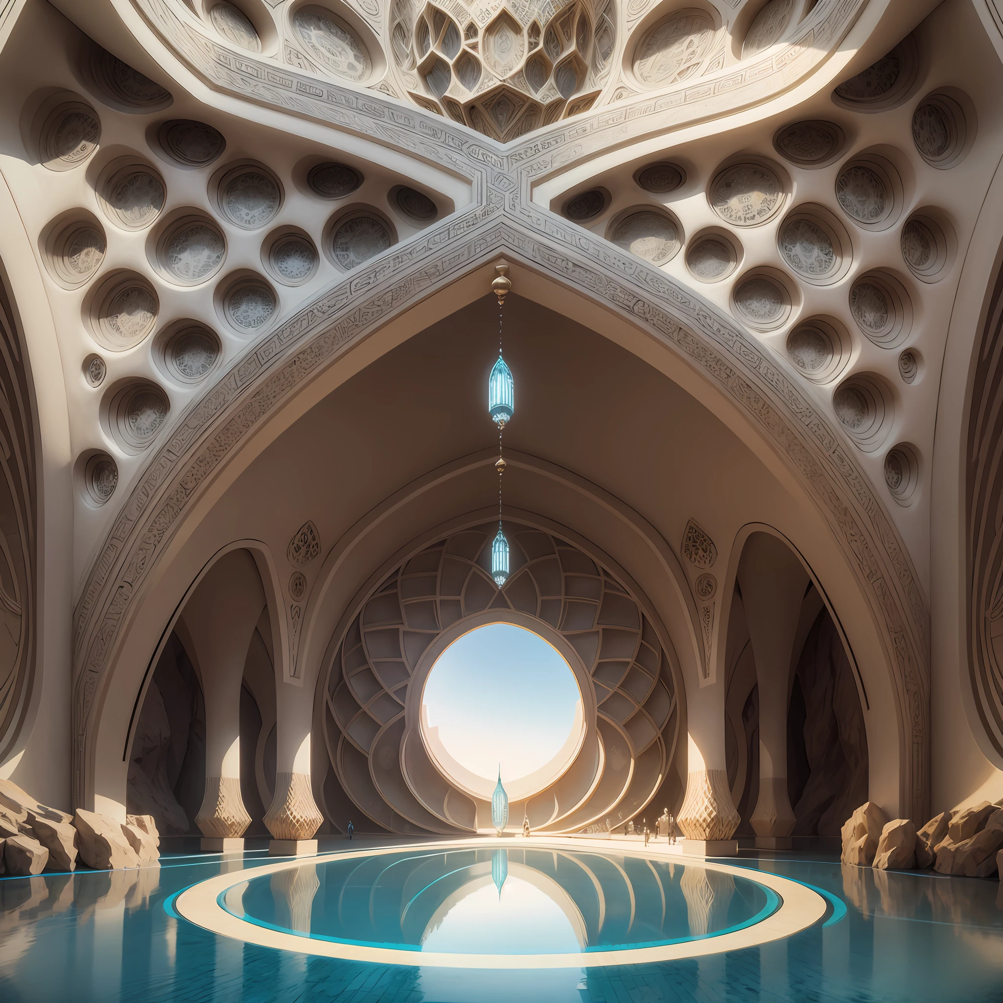 Futuristic Islamic architecture design of cave architecture concept art on desert oasis, islamic architecture, proportional,detailed, cave architecture nature meets futuristic architecture by Toyo Ito ,residential area, futuristic development, high rise balconies, full of rock and glass facades, residential spaces carved from cliff side ,trending on artstation, beautiful lighting,In the style of Arabic calligraphy masterpiece, fantasy, intricate, award winning, 4k, highest quality render --auto --s2