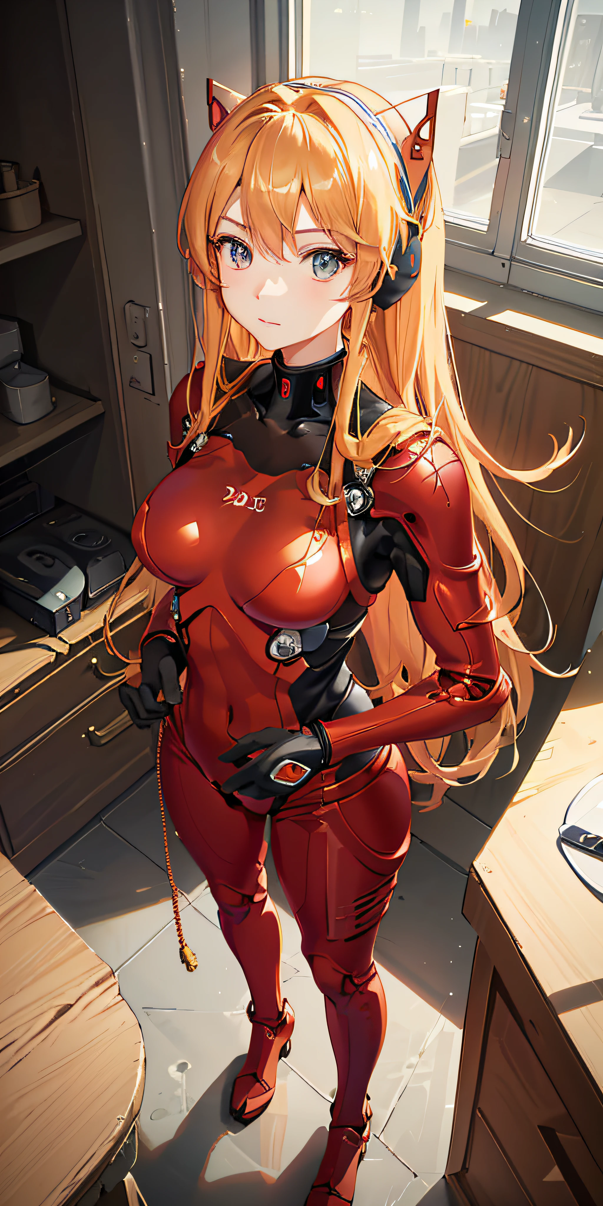 (Overhead view),dynamic angle,ultra-detailed, illustration, close-up, straight on, 1girl, 
 ((souryuu asuka langley, interface headset, red bodysuit:1.4, blonde)),Her eyes shone like dreamy stars,(glowing eyes:1.233),(beautiful and detailed eyes:1.1),(expressionless,closed mouth),(standing), 
(mechanic room with toolsand spaceship windowin a white SPACESHIP),
(night:1.2),dreamy, [[delicate fingers and hands:0.55]::0.85],(detail fingers),