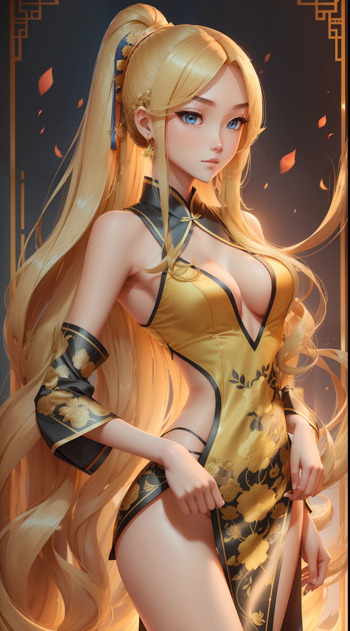 Two-dimensional, blonde girl, long hair, tall figure, large chest, high ponytail, flushed complexion, cheongsam, thin waist, long legs --auto --s2