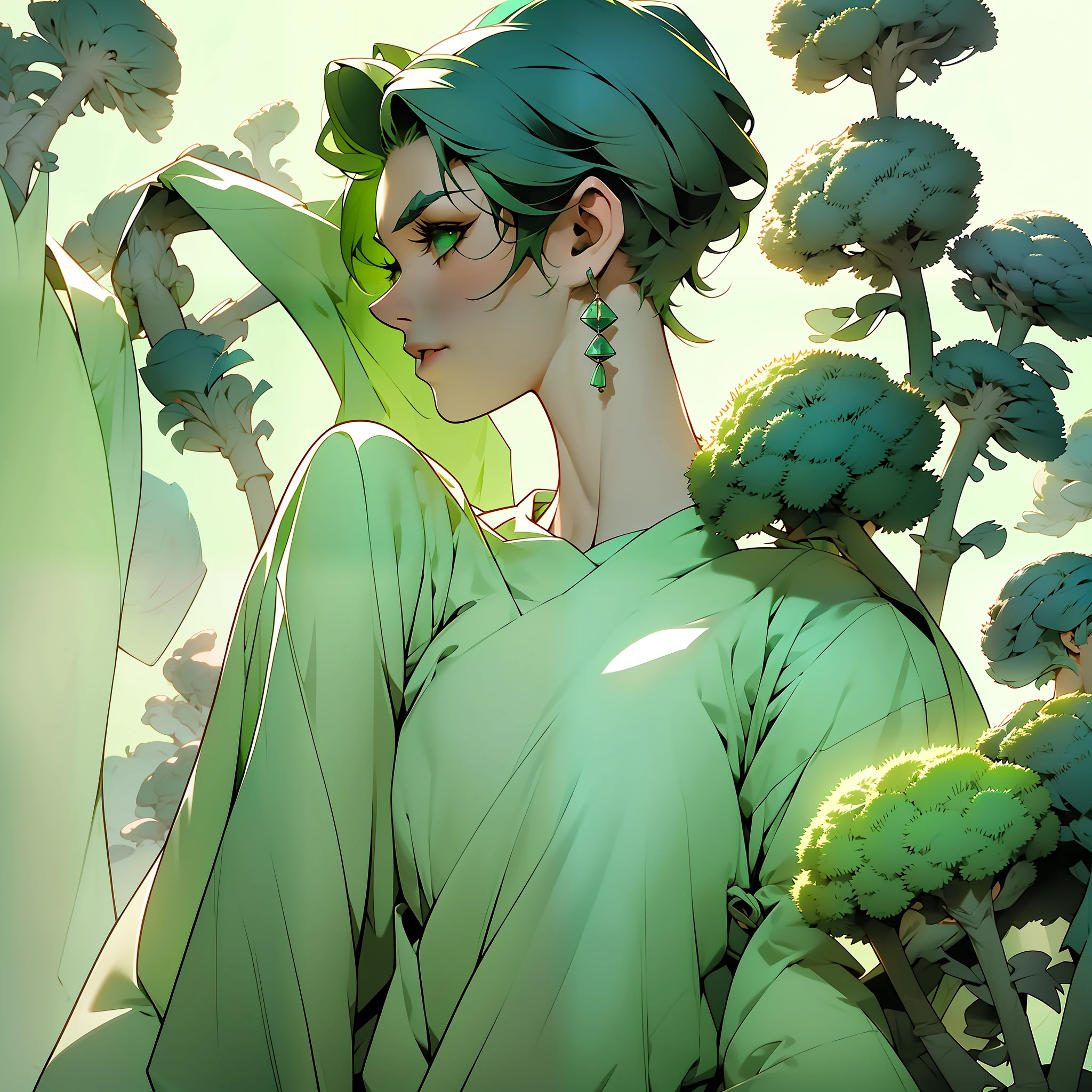 Arafed woman with green hair and a blue sweater, short green hair, short green bobcut, disheveled short green hair, green hair, bright green hair, she looks like a mix of grimes, wavy green hair, hair, with broccoli hair, resembling a mix of grimes, looks like a mix of grimes, green mane, billie eilish