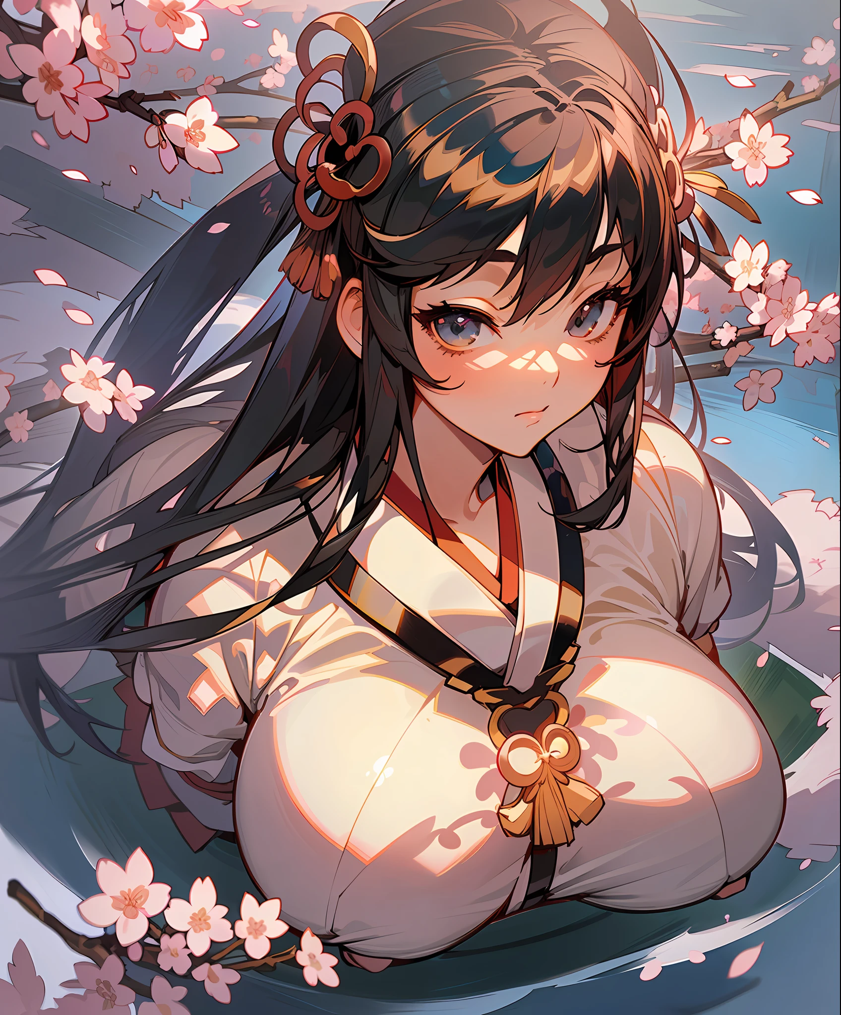 ((((Queen's Blade's Tomoe)))))), ((Masterpiece))), (Very delicate and beautiful))), (highest quality)))), (Very detailed))), (Big breasts), (Big), (Big), (Head sized breasts), ( Very, very big breasts))))), ((((((Gigantic bust))))), (very detailed beautiful face and eyes)))), ((Long hair)))(Black hair)), (Priestess costume))))), kimono, ((((long hakama))))), anime, shiny hair, Delicate beautiful face, (kimono), (Dynamic angle))), (((low exposure)))), (non-nude)))), (Japanese sleeve)))), (long sleeve), cloth, (Japan Japan()(( gigantic-breasts))), nipple bulge through clothing, ((((3)), (cherry blossoms in the background))(don't-wear-anything-on-head))), ()( Japanese clothes)))))), ((((((Viewpoint from above))))