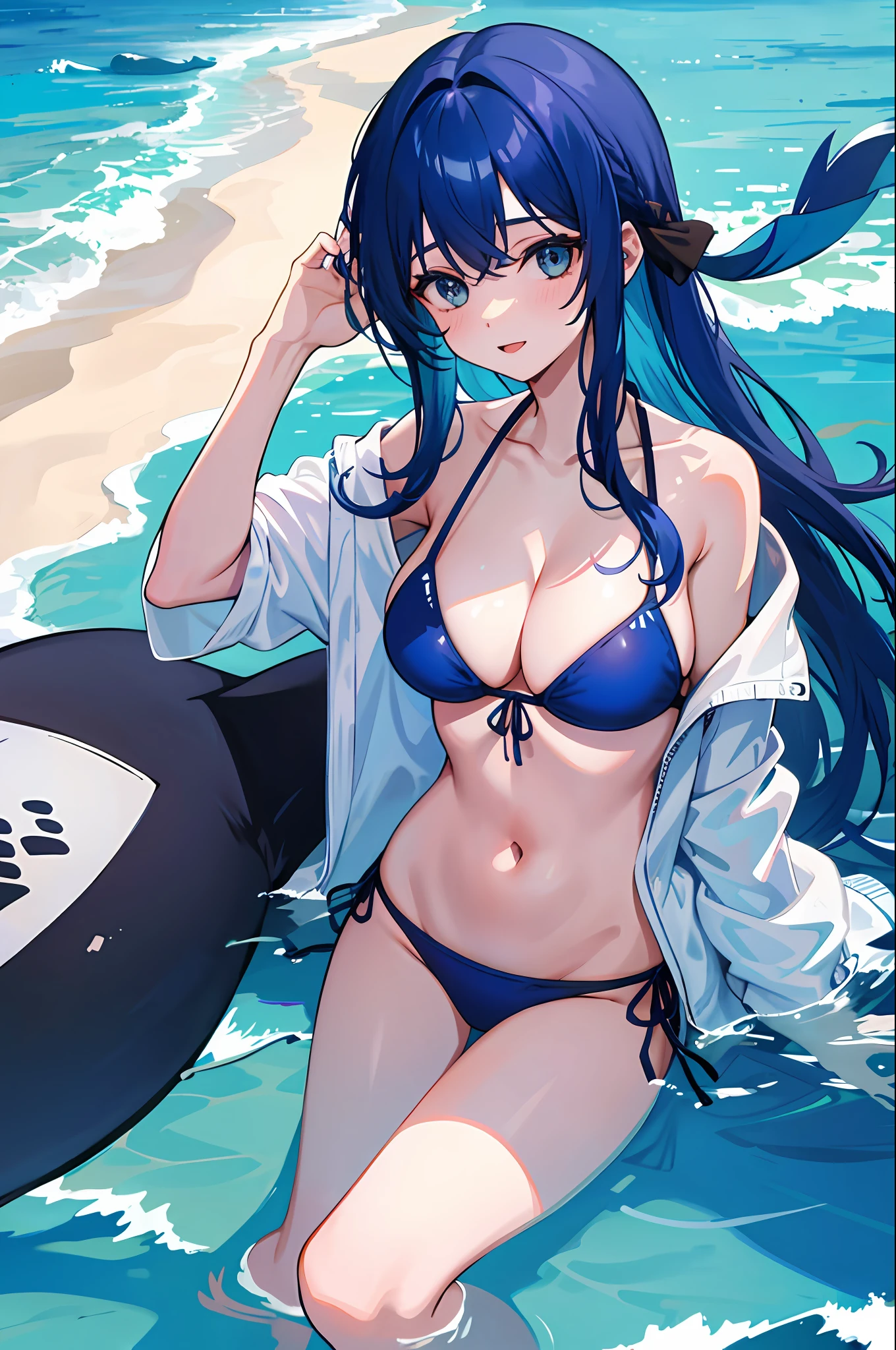 1 girl, whale, tail, ocean, bikini, oversized, blue hair