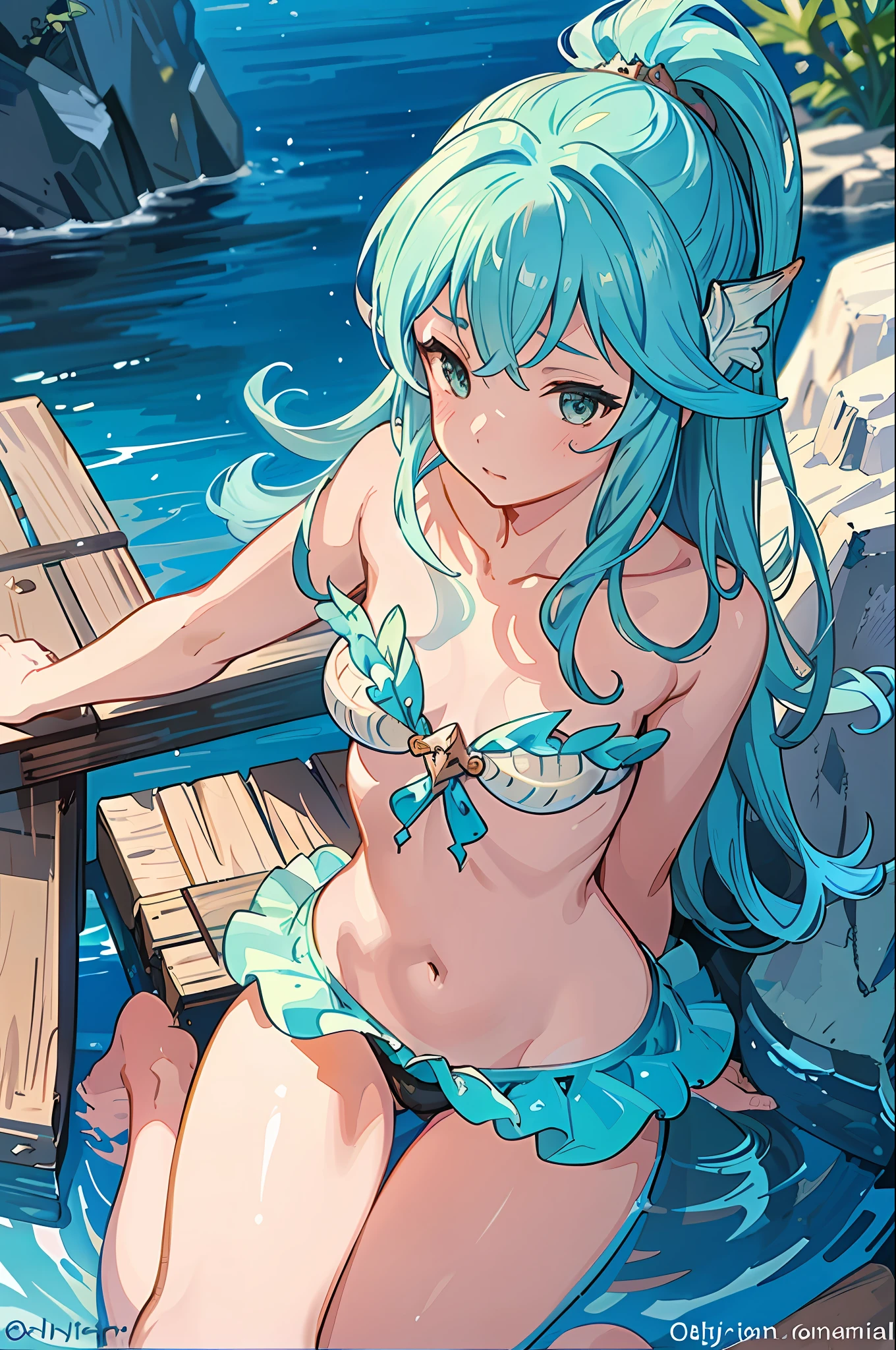 a woman in a bikini top is holding a sword and a fish, high detailed official artwork, goddess of the ocean, granblue fantasy, goddess of the sea, official artwork, water fairy, nautical siren, from bravely default ii, official art, goddess of summer, beautiful mermaid, mystical atlantean valkyrie, splash art anime loli