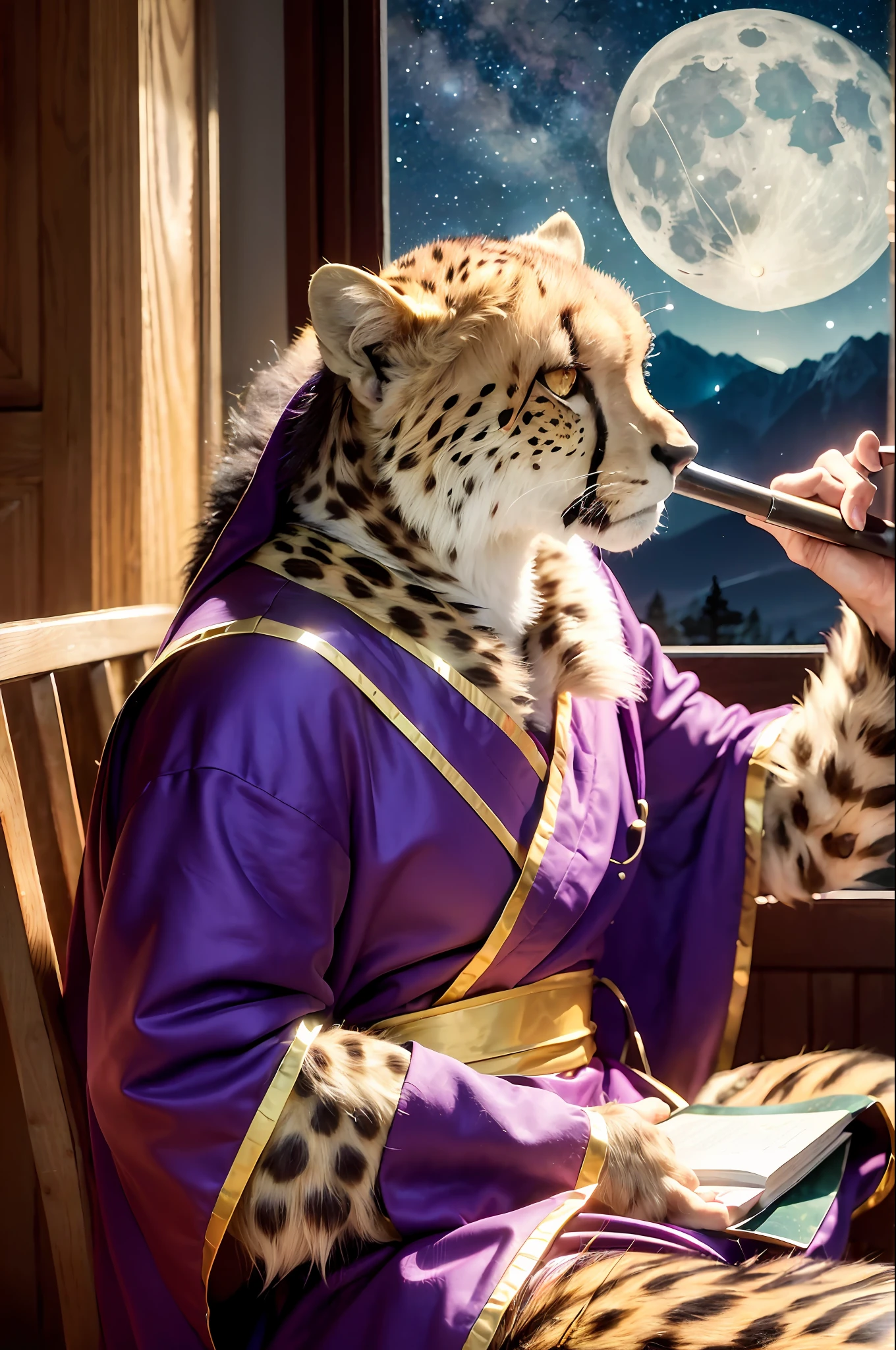 8K, 4D, Top Quality, ((Realistic)), (Detail)), Indoors, Mountain hut-style room, (illuminated by pale light), Alone, In the dark, No light, Dark room, Another World, One Beastman male, Sage, Wearing a deep purple robe, Cheetah beastman, Character appearance (in the dark, in the dark, in the dark, not receiving the light, sitting on a wooden chair, leaning on the backrest, With a thick book in one hand, looking out the small round window, (profile looking up at the moon outside), (face looking out the window), body facing forward, face sideways, ((wearing a deep purple robe)), pensive, (gold bangle), male beastman, wise man, cheetah beastman, also hairy on hands, cheetah beastman's hands, not human hands), background elements (night room, dark room, no light), Up, oil painting