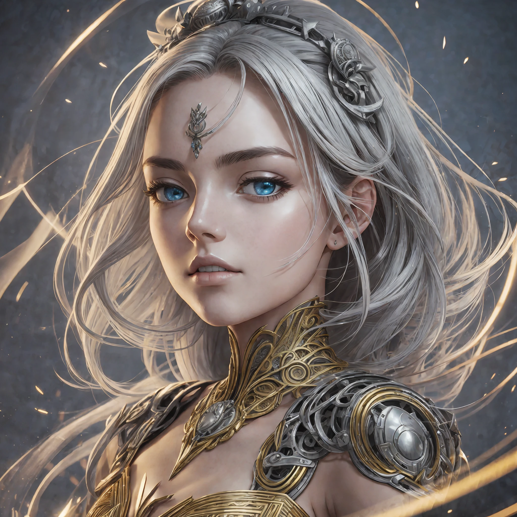 1 photo of a beautiful fashion girl 28 years old in style kyoto animation, wearing an intricate silver dress with many biomechanical details by ilya puvshinov and annie leibowitz. photorealistic facial features portrait hyperrealism vogue italia 50 mm f / 2 4 lens dramatic lighting chiaroscuro atmosphere mood golden hour sunset trending on artstation 8k octane render unreal engine redshift hdr --auto --s2