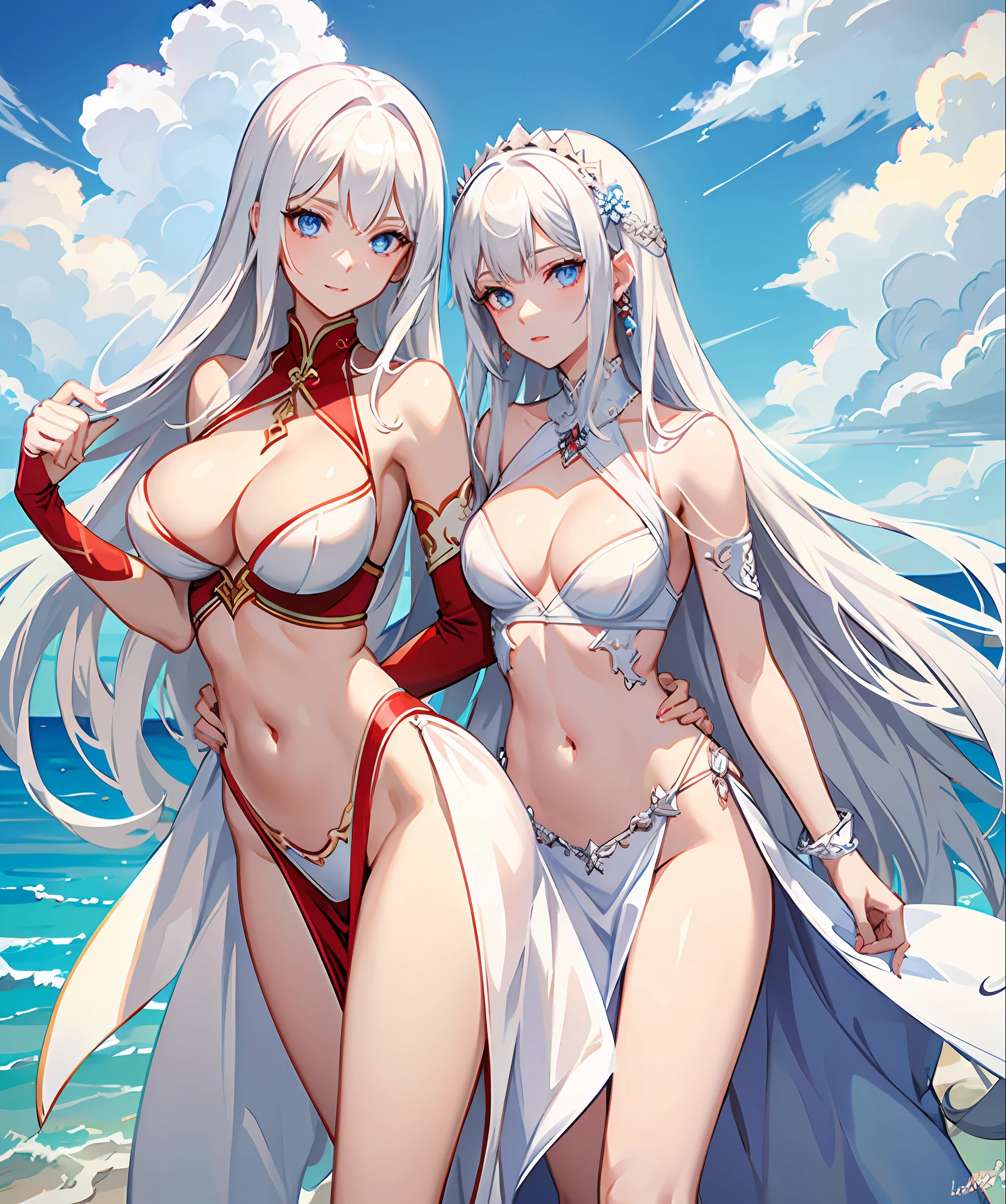 white hair, blue eyes, long hair, red gown, navel, cleavage, medium breast, slim legs, sunny day