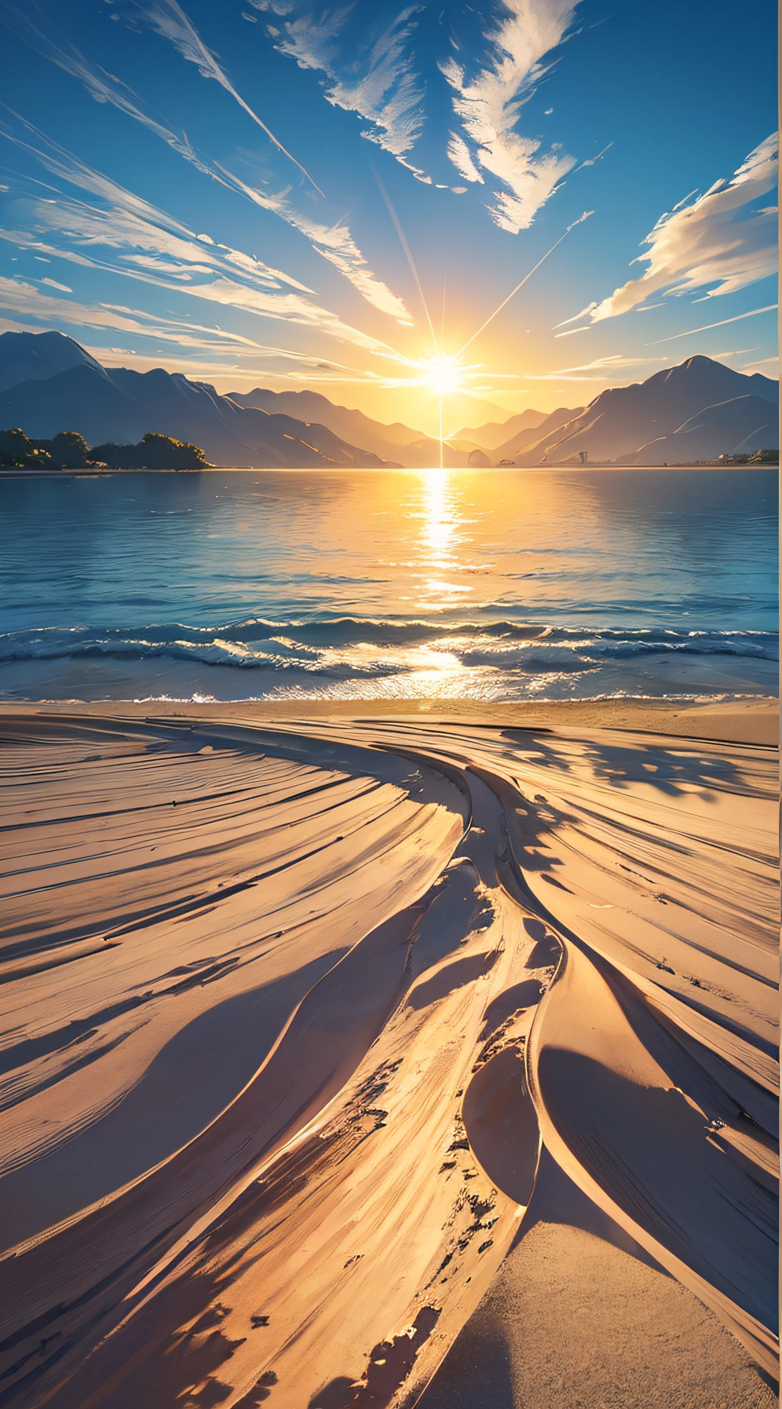 A wide-ranging landscape photo, captured with a stunning view of the beach, with the blue sky and the open countryside of the coastline below. On the golden sand, a girl is standing, barefoot, looking up. The bright sun (1:2) is radiant in the sky, scattering its rays of golden light throughout the scene. In the distance, distant mountains can be seen along the coast, adding a sense of serenity. BREAK Crafting Art tropical trees frame the beach, providing soft shade and a picturesque natural frame. The warm light (1.2) of the sun bathes the scene, creating a vibrant color palette, with shades of purple and orange blending harmoniously. Intricate details and volumetric lighting BREAK (Masterpiece: 1.2) highlight the stunning beauty of the place. The image quality is 4K, ultra detailed, capturing each element perfectly. The dynamic composition (1.4) gives movement and fluidity to the image, while vivid colors and a rainbow (1.2) add a magical touch. The brightness of the sun reflected in the water and the atmospheric lighting create an atmosphere of dream and tranquility. The soil (1.2) is rich in detail and texture, conveying the feeling of walking on the warm sand of the beach.