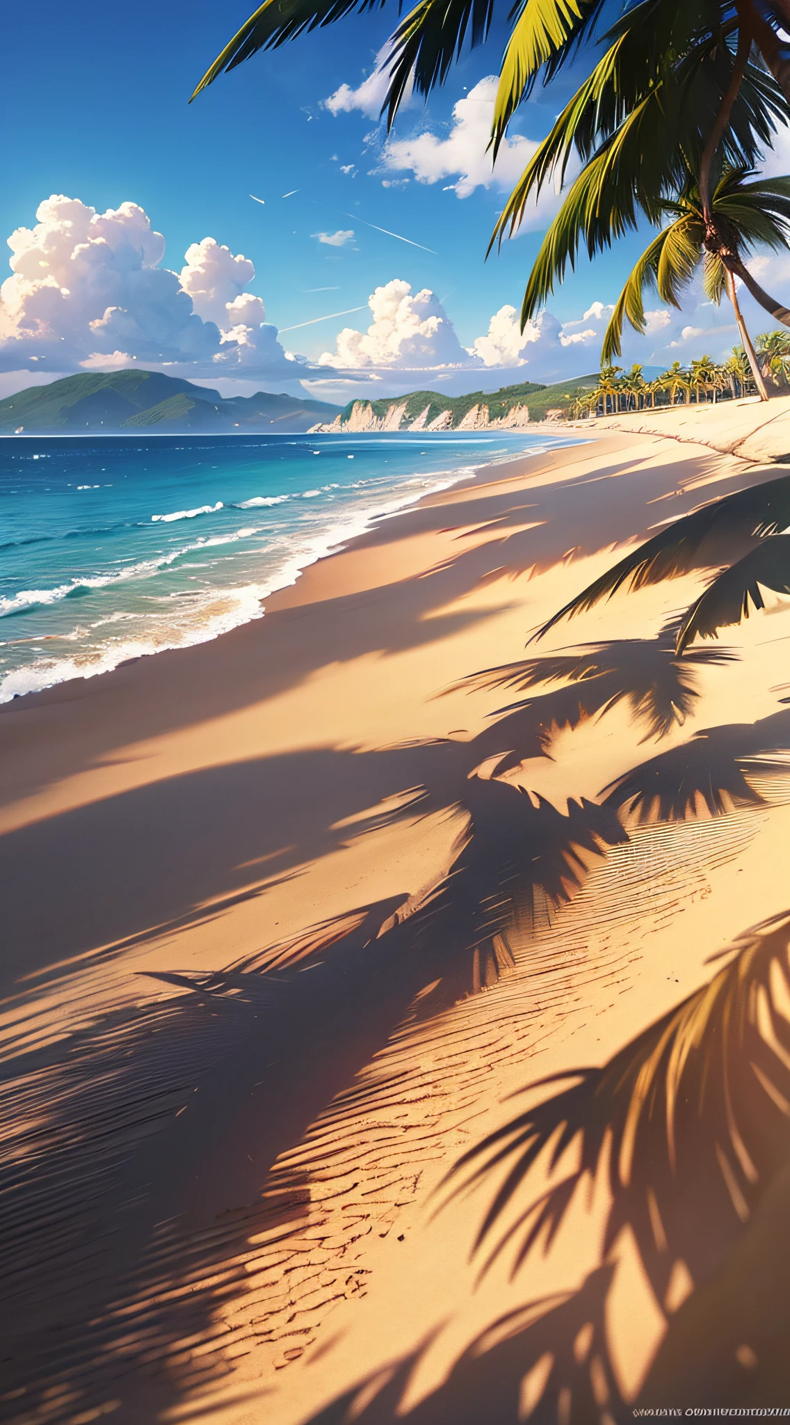 A wide-ranging landscape photo, captured with a stunning view of the beach, with the blue sky and the open countryside of the coastline below. On the golden sand, a girl is standing, barefoot, looking up. The bright sun (1:2) is radiant in the sky, scattering its rays of golden light throughout the scene. In the distance, distant mountains can be seen along the coast, adding a sense of serenity. BREAK Crafting Art tropical trees frame the beach, providing soft shade and a picturesque natural frame. The warm light (1.2) of the sun bathes the scene, creating a vibrant color palette, with shades of purple and orange blending harmoniously. Intricate details and volumetric lighting BREAK (Masterpiece: 1.2) highlight the stunning beauty of the place. The image quality is 4K, ultra detailed, capturing each element perfectly. The dynamic composition (1.4) gives movement and fluidity to the image, while vivid colors and a rainbow (1.2) add a magical touch. The brightness of the sun reflected in the water and the atmospheric lighting create an atmosphere of dream and tranquility. The soil (1.2) is rich in detail and texture, conveying the feeling of walking on the warm sand of the beach.