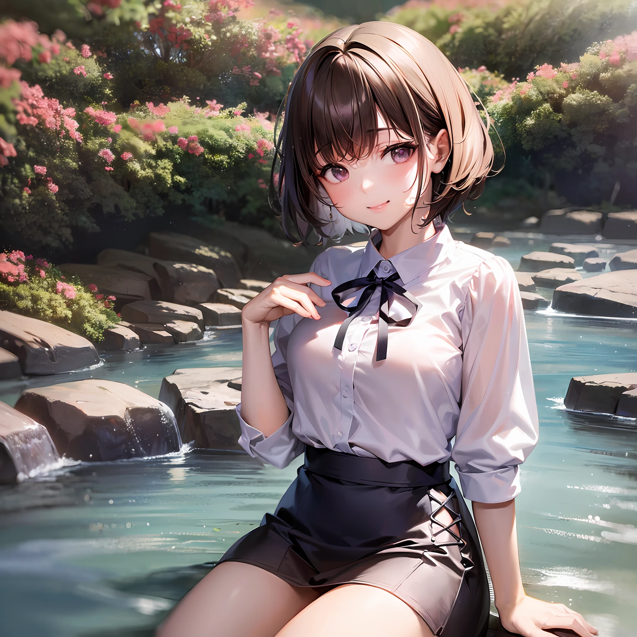 (8K, Best Quality, Masterpiece: 1.2), (Realistic, Photorealistic: 1.37), Ultra High Definition, 1 Girl, Cute, Solo, Beautiful Fine Sky, Sitting, Date, (Blushing), (Smile: 1.15), (Mouth Closed) Big breasts, beautiful eyes in every detail, (Shirt with collar: 1.1), (Short hair: 1.3), (Floating hair: Novafrog) Style : 1.2), JK, Knight, Pink Light, Wet, Park