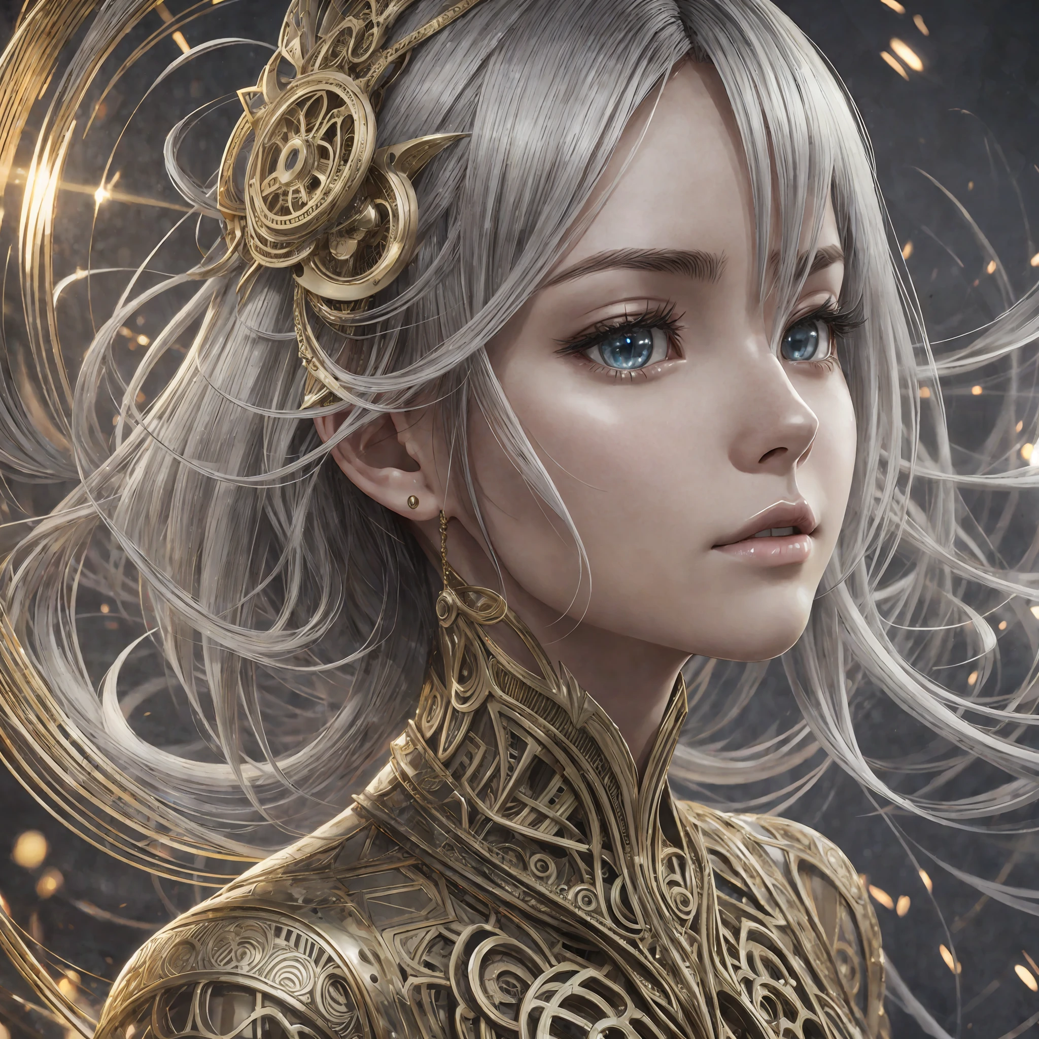 1 photo of a beautiful fashion girl 28 years old in style kyoto animation, wearing an intricate silver dress with many biomechanical details by ilya puvshinov and annie leibowitz. photorealistic facial features portrait hyperrealism vogue italia 50 mm f / 2 4 lens dramatic lighting chiaroscuro atmosphere mood golden hour sunset trending on artstation 8k octane render unreal engine redshift hdr --auto --s2