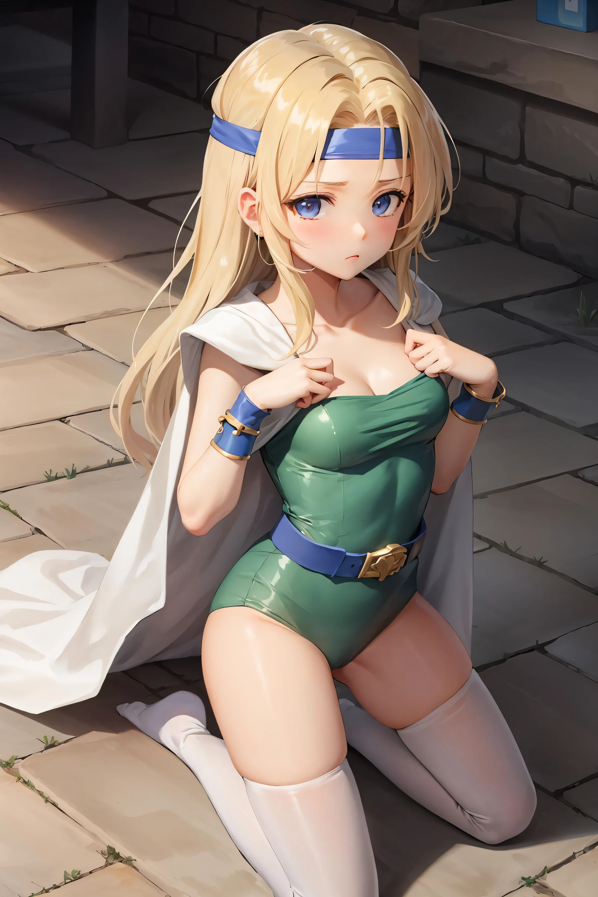masterpiece, best quality, celes chere, blue headband, green leotard, blue bracelets, white cape, blue belt, white thighhighs, kneeling, looking at viewer, furrowed brow, stone floor, dungeon, dark room