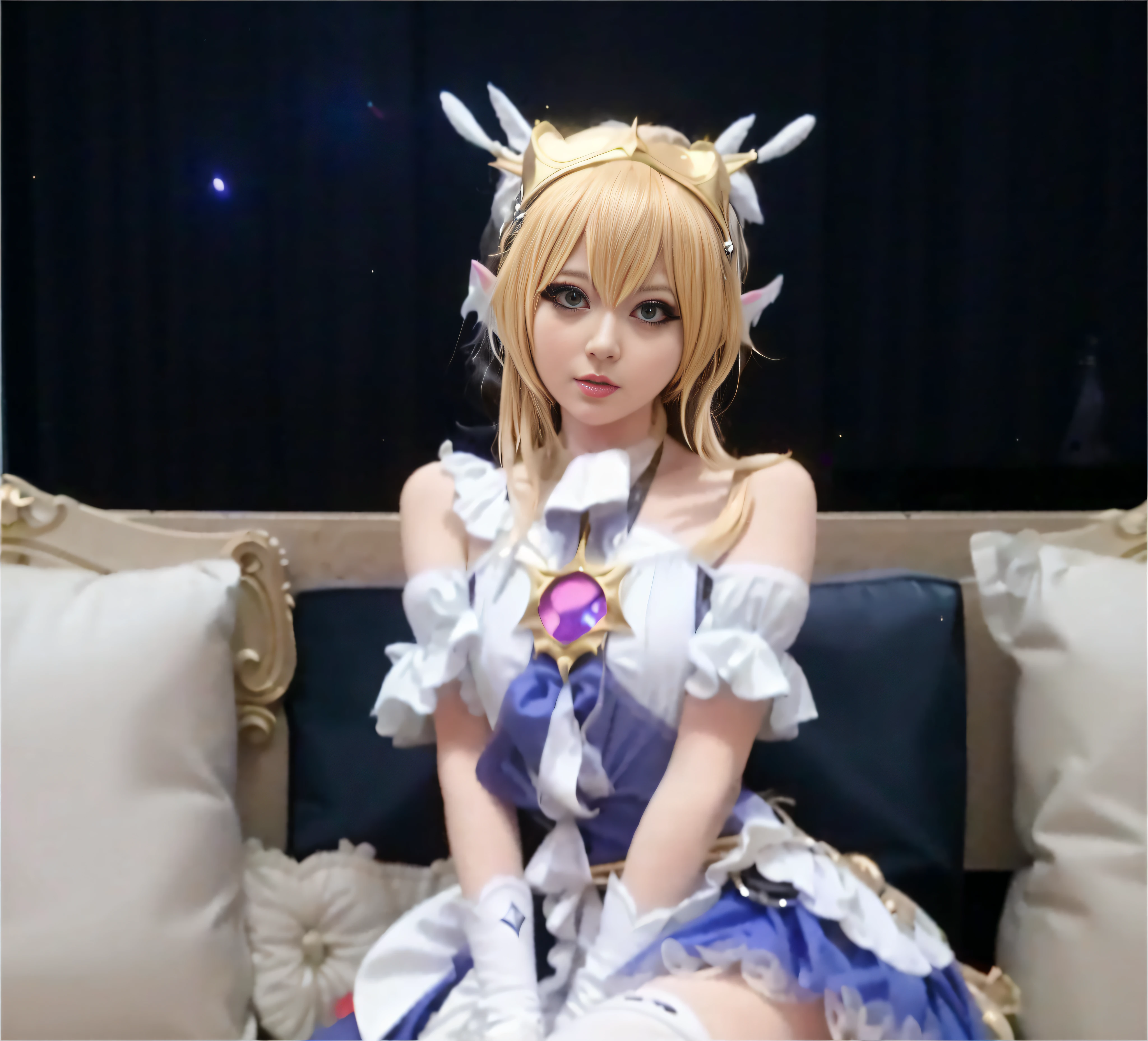 araffe dressed in a costume sitting on a couch with pillows, anime cosplay, anime girl cosplay, cosplay photo, cosplay, ornate cosplay, full-cosplay, ayaka cosplay, professional cosplay, cosplayer, lux from league of legends, anime goddess, captured on canon eos r 6, anime princess, elegant glamourous cosplay, artoria pendragon
