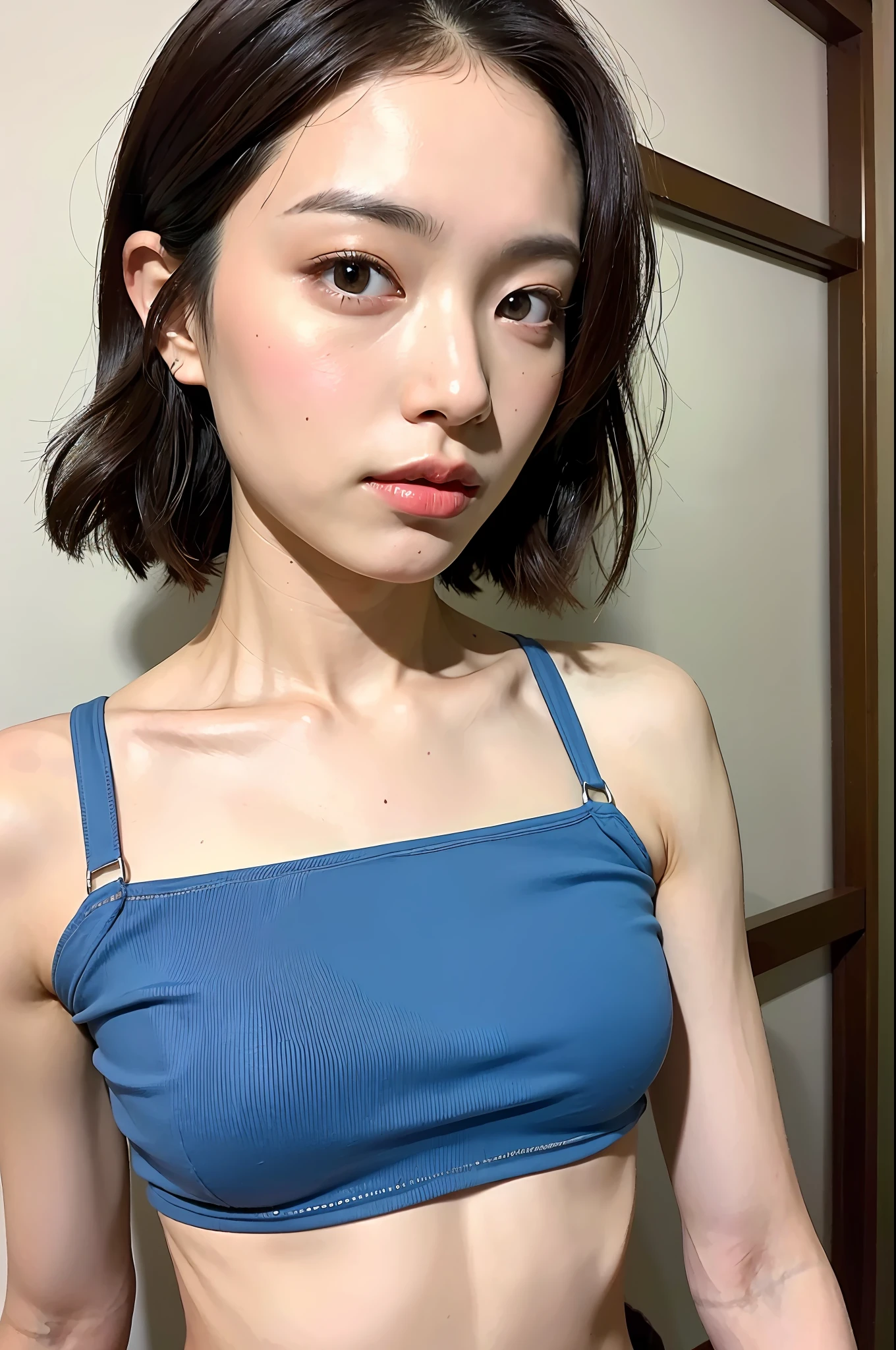 ((Top Quality, 8k, Masterpiece: 1.3)), 1 girl, Side Shot: 1.2, Beautiful Japan woman with small,,, slender abs: 1.3, (casual hairstyle, small: 8.2), bikini, indoor, super detailed face, detailed eyes, double eyelids, full body