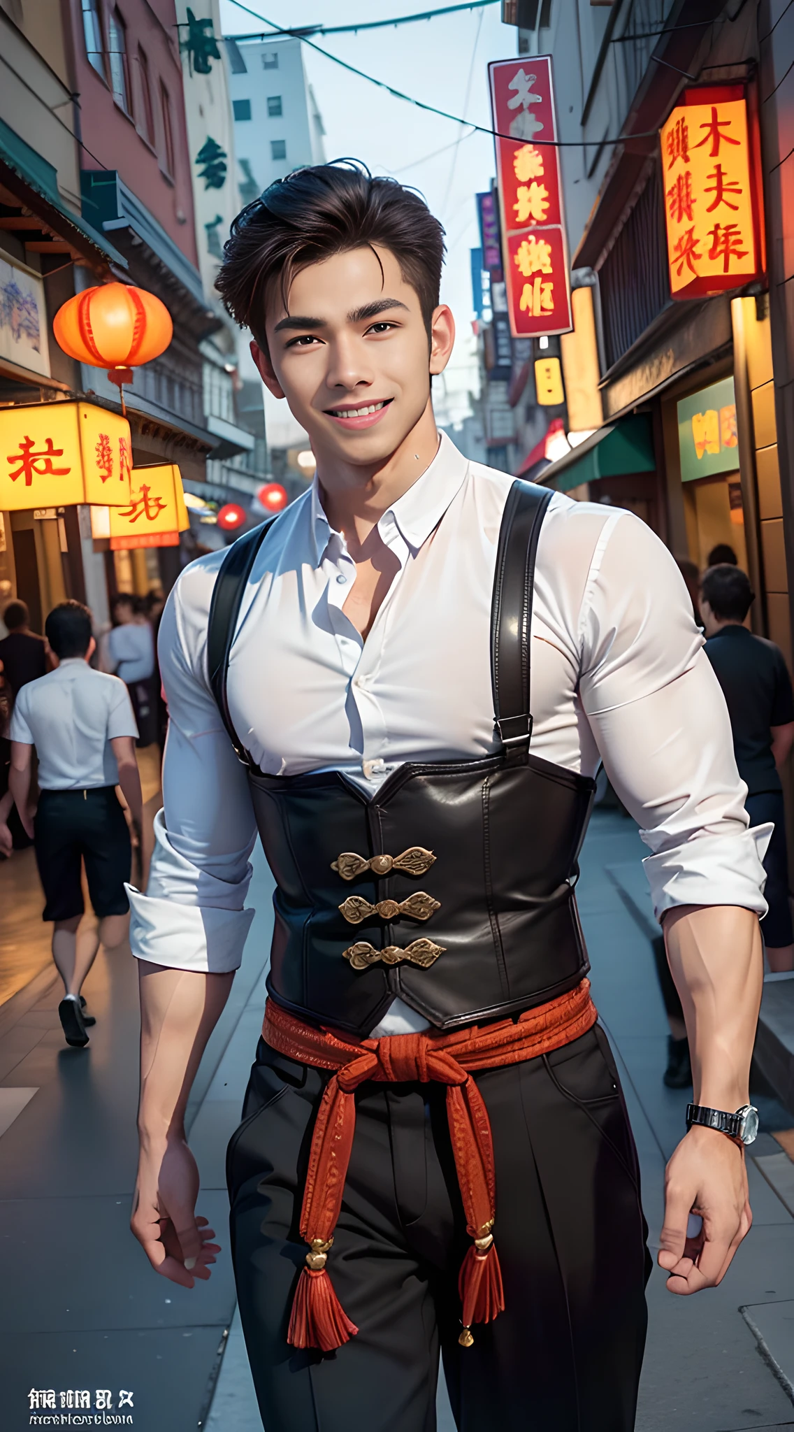 American handsome muscular young man, mischievous smile,