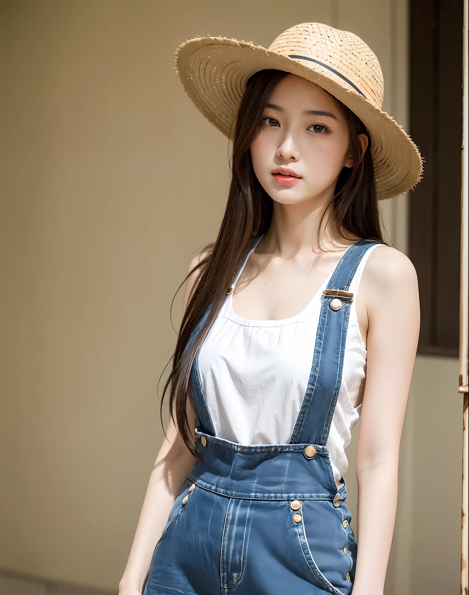(Masterpiece)), (Best Quality), (detailed), 1 girl, 18 years old, playful expression, medium breasts, long hair, beautiful, natural, not exposed, alafi woman with baseball bat in straw hat and overalls, straw hat, a cute young woman, anime girl in real life, young cute girl in straw hat, Chinese girl, straw hat and overalls, attractive girl, cute thin face for girl, cute young woman, cute - fine face, Cute young girl