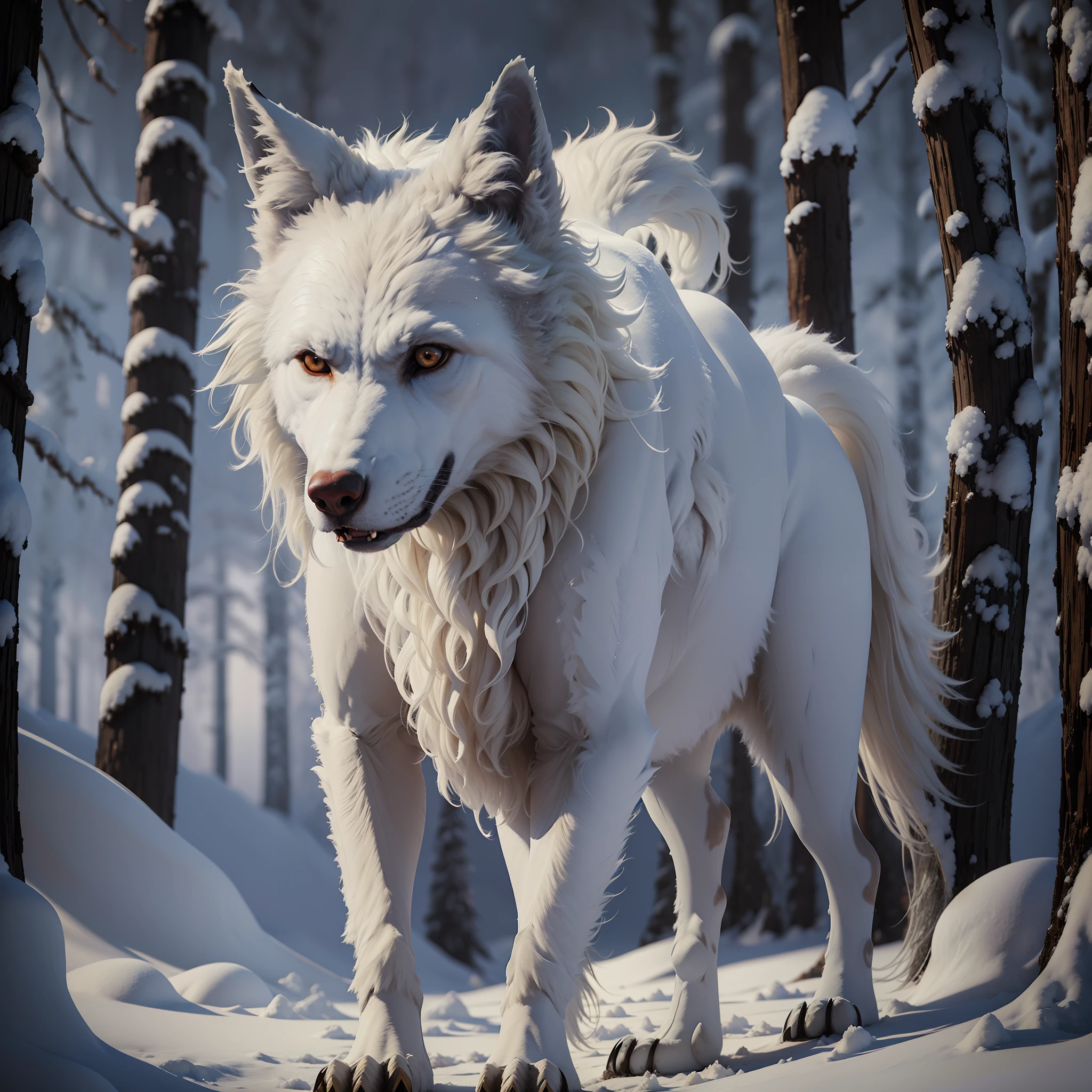 "um lobo branco" -> 
(extremely detailed CG unity 8k wallpaper,masterpiece, best quality, ultra-detailed), White wolf, fierce look, snowy background, atmosphere of mystery and solitude,  uncharted wilderness, moonlit, Volumetric mist effect.