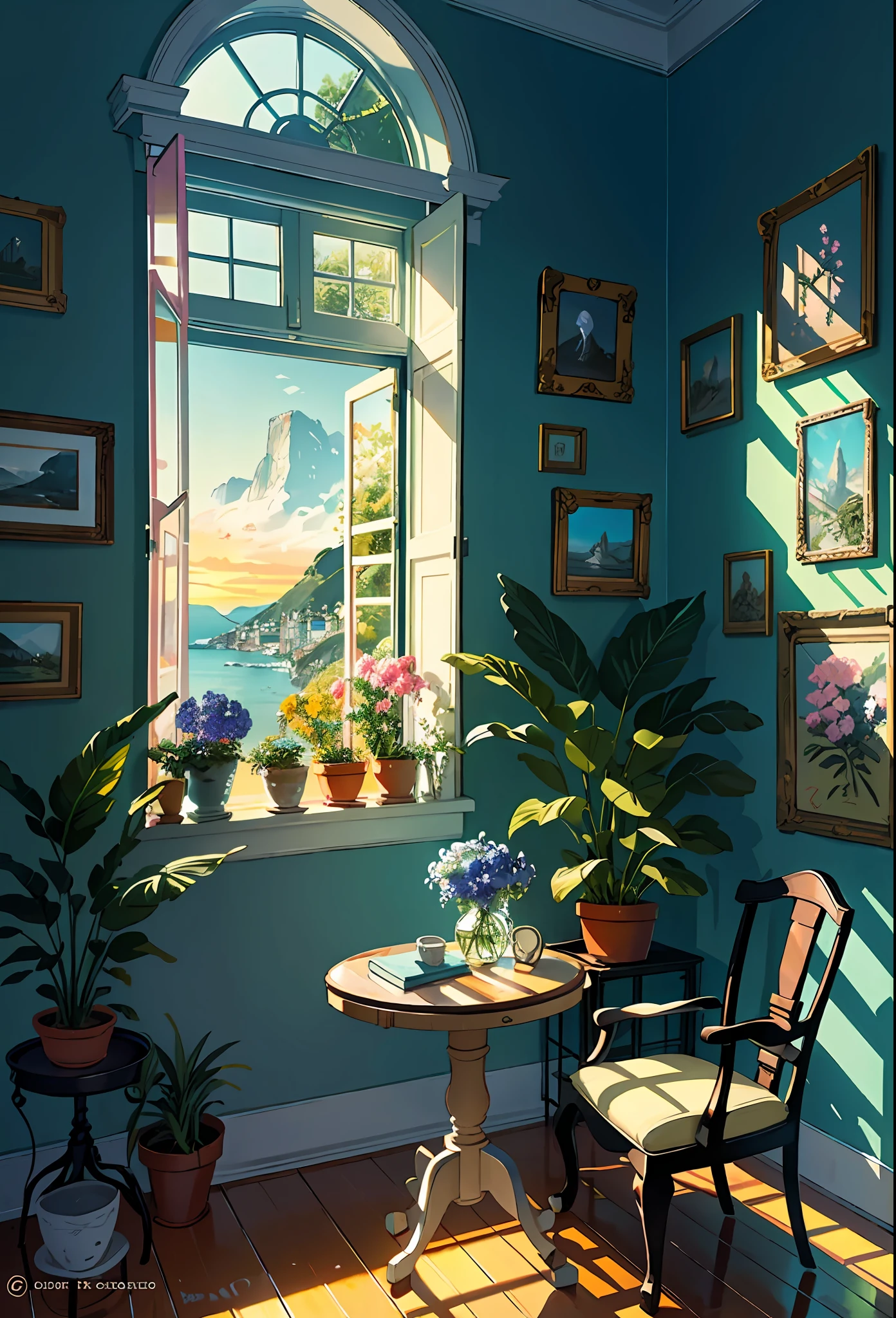 Terrace studio, huge, plants in pots, flowers in a vase, figurines, rocking chair, birds, cat, expensive and cozy interior, creative workshop, décor, Cozy artist's workshop, easel, color palette, acrylic paints, paintings, large windows, loggia, art, awards, table, sofa, armchairs, mirror, crystals, meditation, harmony, many books on the walls, paintings on the walls, view from the window, sea, mountains, amazing sunset,  floral arrangements, paints, brushes, artist's theme, graceful, dynamic bright lighting, happiness, full color, multicolored, artificial, highest detail, super quality, fine details, highlights, neon lights, masterpiece, best colors