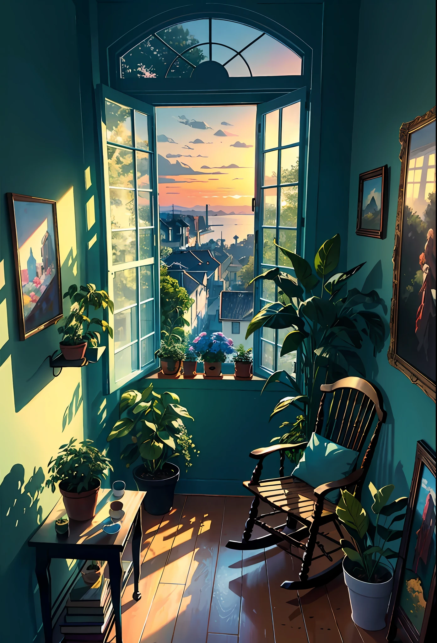 Terrace studio, huge, plants in pots, flowers in a vase, figurines, rocking chair, birds, cat, expensive and cozy interior, creative workshop, décor, Cozy artist's workshop, easel, color palette, acrylic paints, paintings, large windows, loggia, art, awards, table, sofa, armchairs, mirror, crystals, meditation, harmony, many books on the walls, paintings on the walls, view from the window, sea, mountains, amazing sunset, floral arrangements, paints, brushes, artist's theme, graceful, dynamic bright lighting, happiness, full color, multicolored, artificial, highest detail, super quality, fine details, highlights, neon lights, masterpiece, best colors