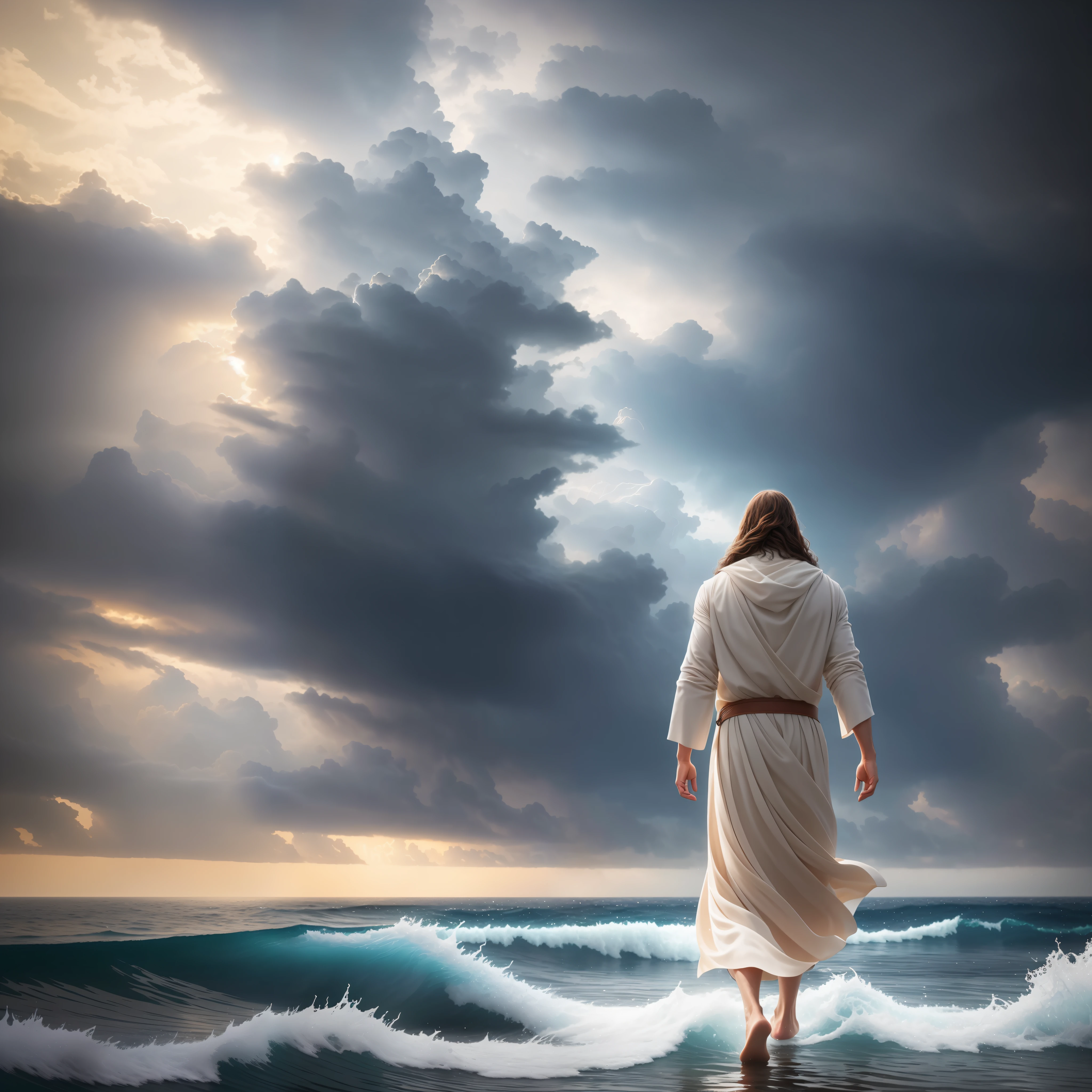 jesus walking on water in a storm, masterpiece, best quality, high quality, extremely detailed CG unit 8k wallpaper, award winning photography, Bokeh, Depth of Field, HDR, bloom, Chromatic aberration, photorealistic, extremely detailed, trending on artstation, trending on CGsociety, intricate, high detail, dramatic, mid-journey art, volumetric lighting