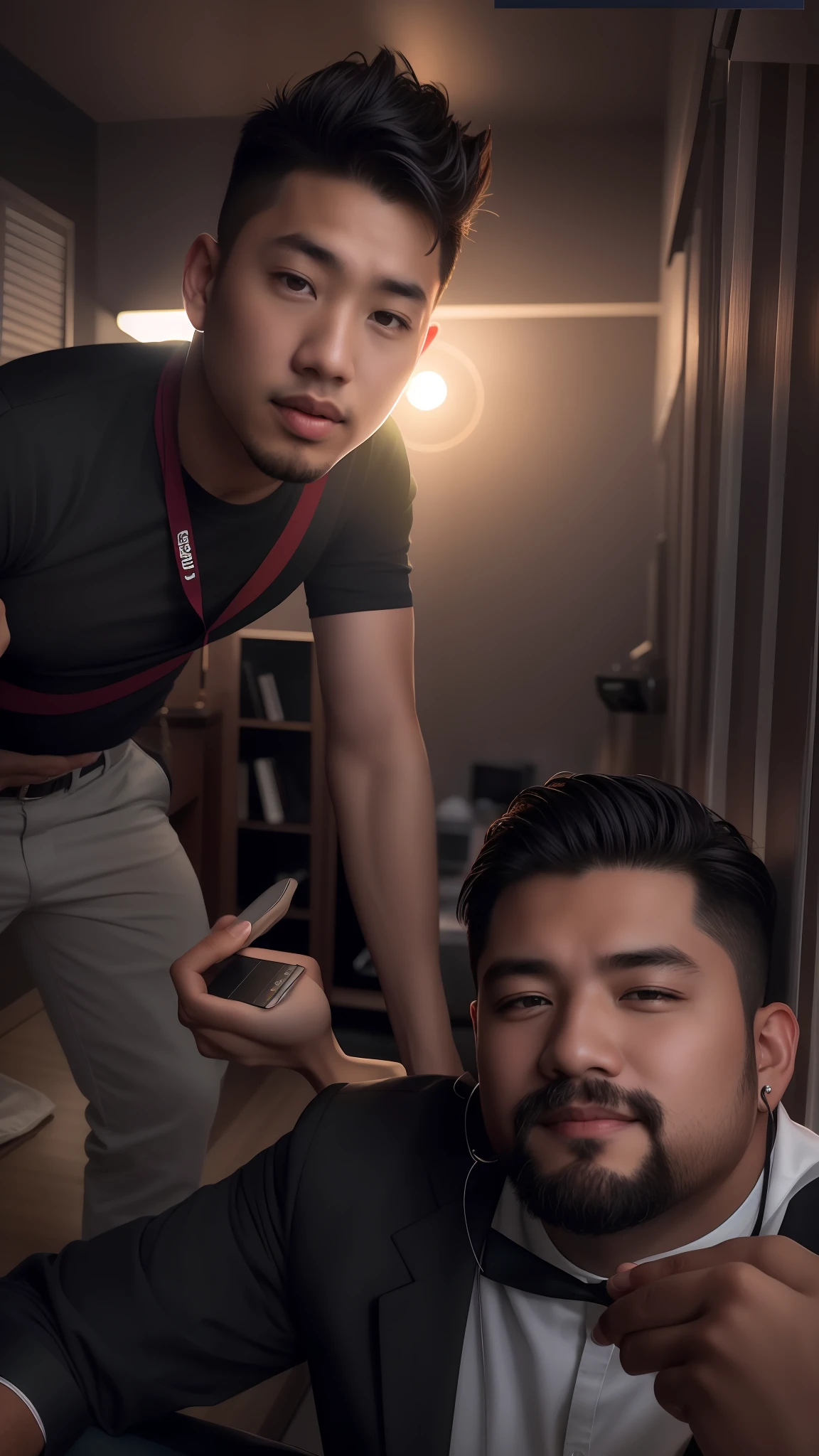 there is a man standing next to a man who is holding a remote, shot on canon eos r 5, shot on canon eos r5, taken with canon 5d mk4, wlop and ross tran, taken with canon eos 5 d mark iv, captured on canon eos r 6, asian male, shot on sony a 7 iii