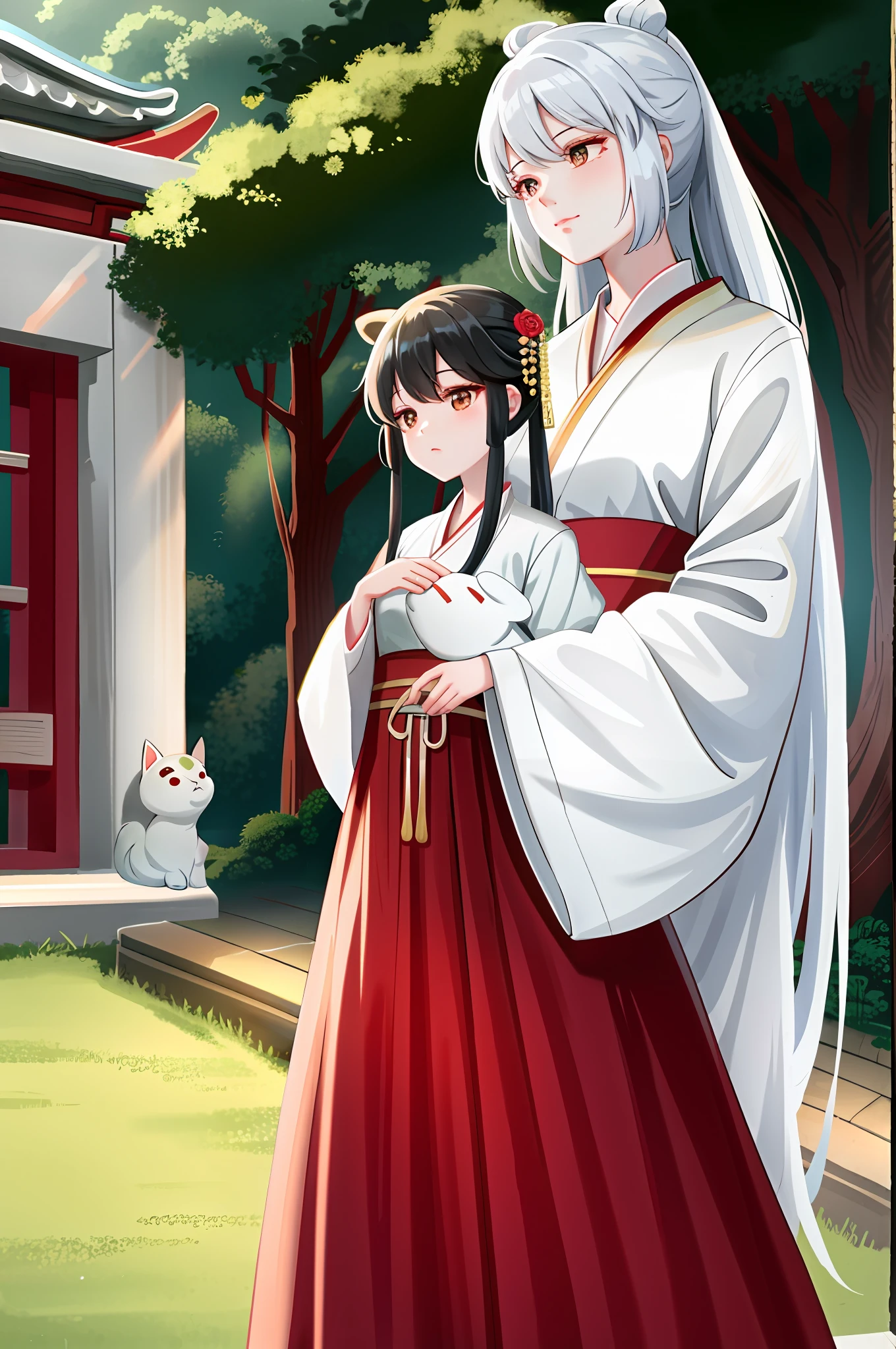 High quality, Arad woman in red and white dress, holding a white cat in her hand, Hanfu, white Hanfu, wearing ancient Chinese clothing, traditional Chinese clothing, court, girl in Hanfu, princess of ancient Asian dynasty, ancient Chinese princess, Chinese costume, with ancient Chinese costume, Tang dynasty, royal elegant costume, Chinese costume, traditional Chinese costume, ancient Chinese art style, in the garden,