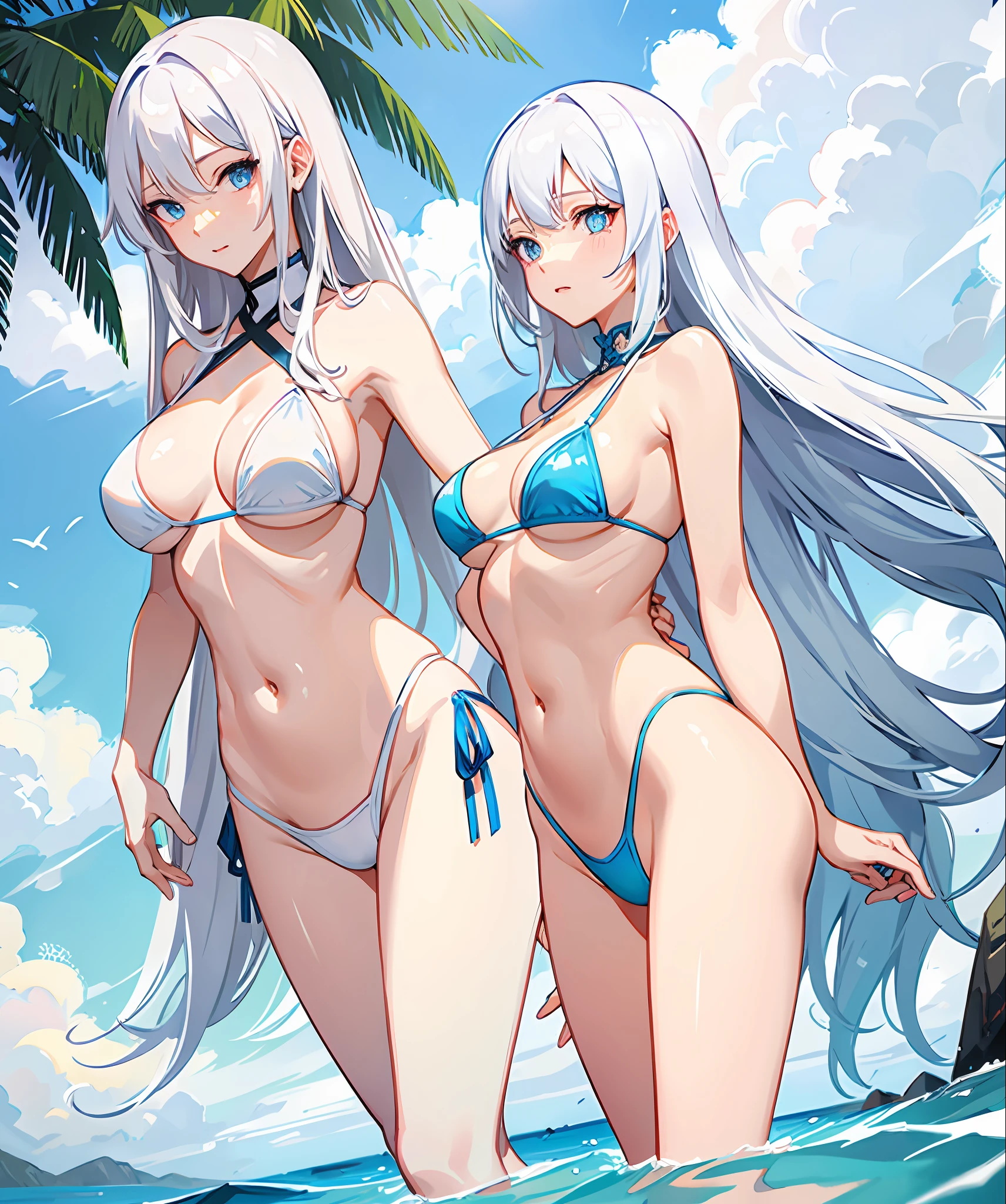sexy, white hair, medium breast, blue eye, side tie bikini, slim legs, long hair, sunny day