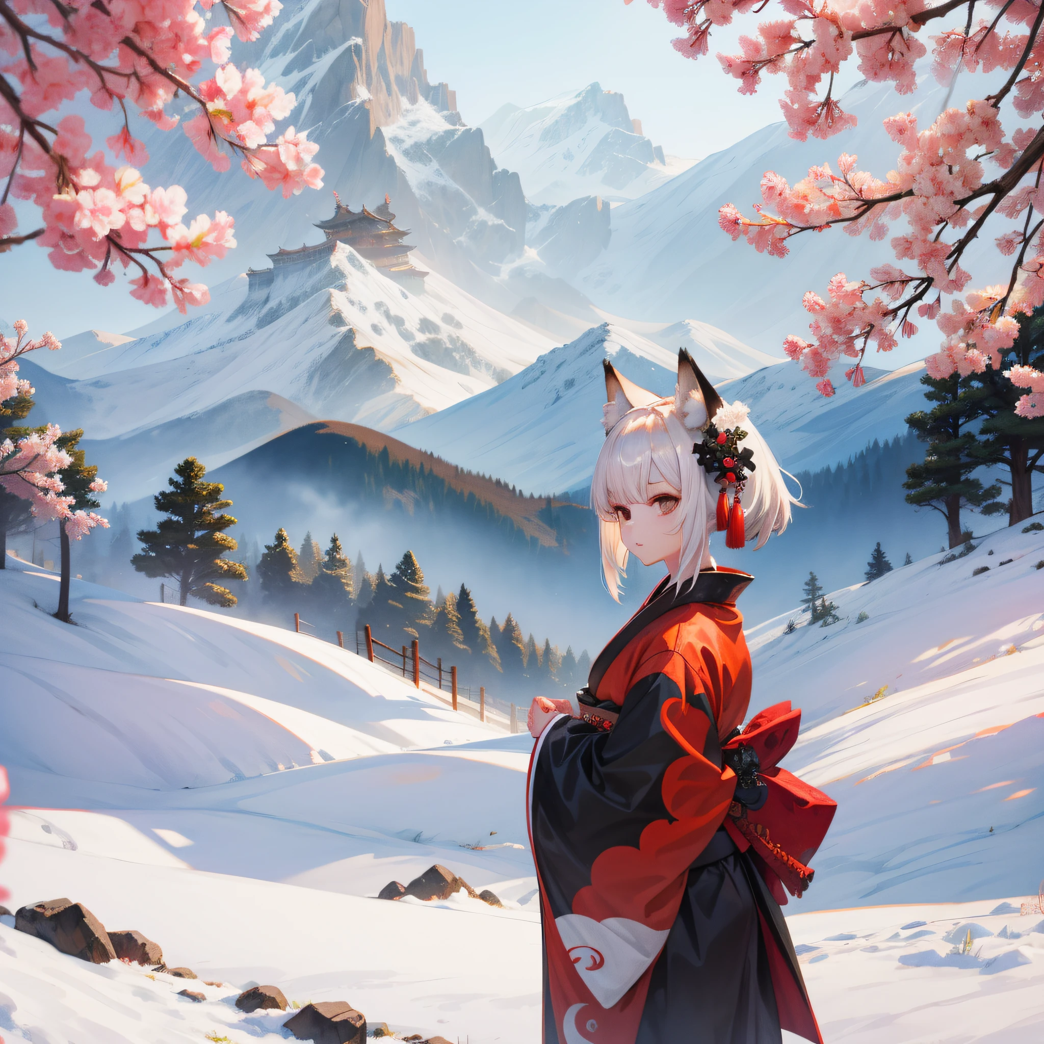 Girl short and white hair or black with fox orehas with 9 tails beautiful mountains wearing iverno kimono
