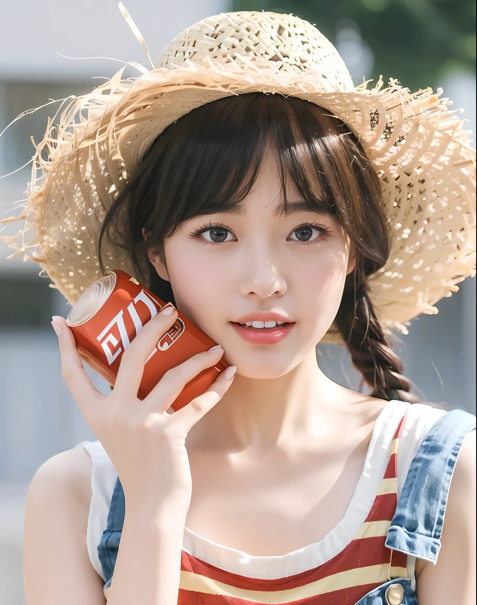 (Masterpiece)), (Best Quality), (detailed), 1 girl, 18 years old, playful expression, medium breasts, long hair, beautiful, natural, not exposed, alafi woman with baseball bat in straw hat and overalls, straw hat, a cute young woman, anime girl in real life, young cute girl in straw hat, Chinese girl, straw hat and overalls, attractive girl, cute thin face for girl, cute young woman, cute - fine face, Cute young girl