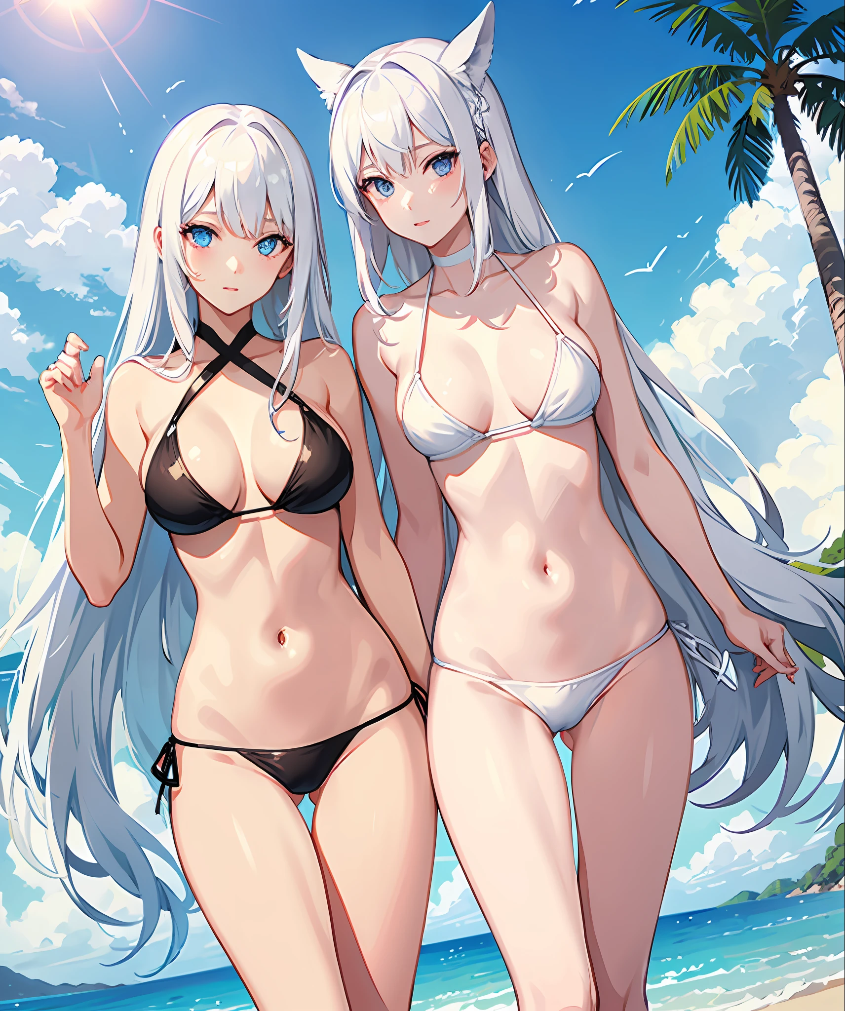 sexy, white hair, medium breast, blue eye, side tie bikini, slim legs, long hair, sunny day