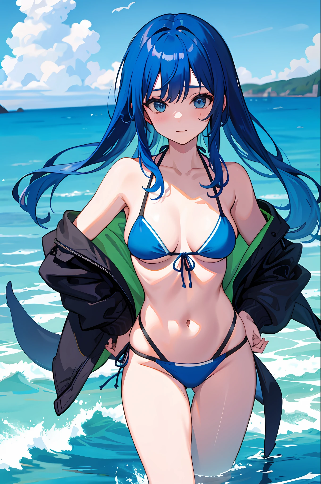1 girl, whale, tail, ocean, bikini, oversized, blue hair