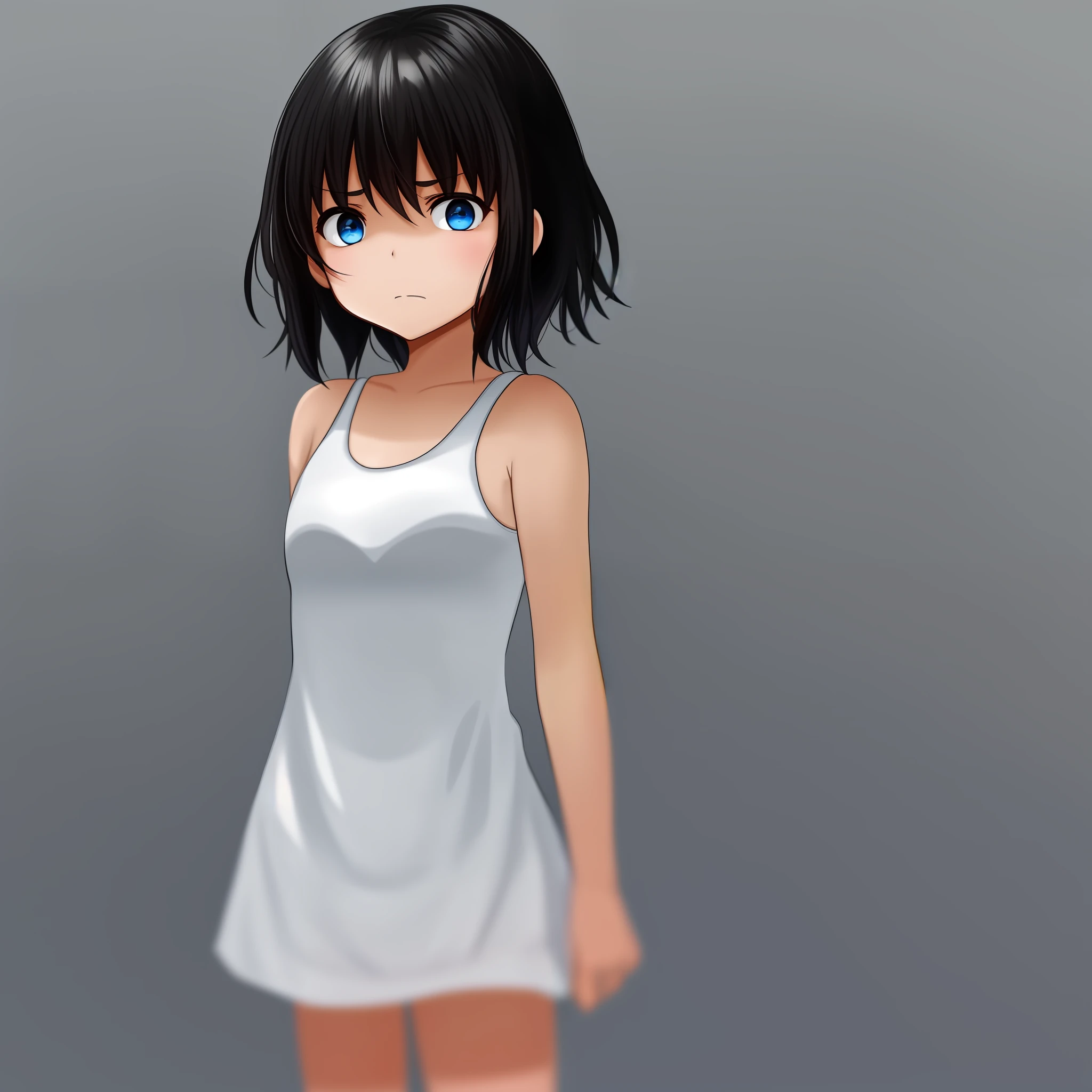 A looking scared, with blue eyes, short black hair, wearing a long white tank top, is standing looking forward with an expression of dread.