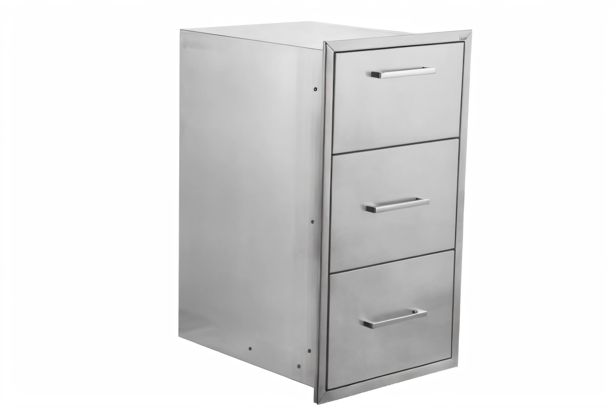 Close up of stainless steel cabinet with three drawers, stainless steel material, product photo, cabinet, regular build, 3 pcs, modular project, 3/4 view, 3 / 4 view, trinity, 3 doors, series, listing image, titan, three-quarter view, deep image, majesty, hammer, elite, cabinet furniture, majestic", radiant, apex, high resolution product photo