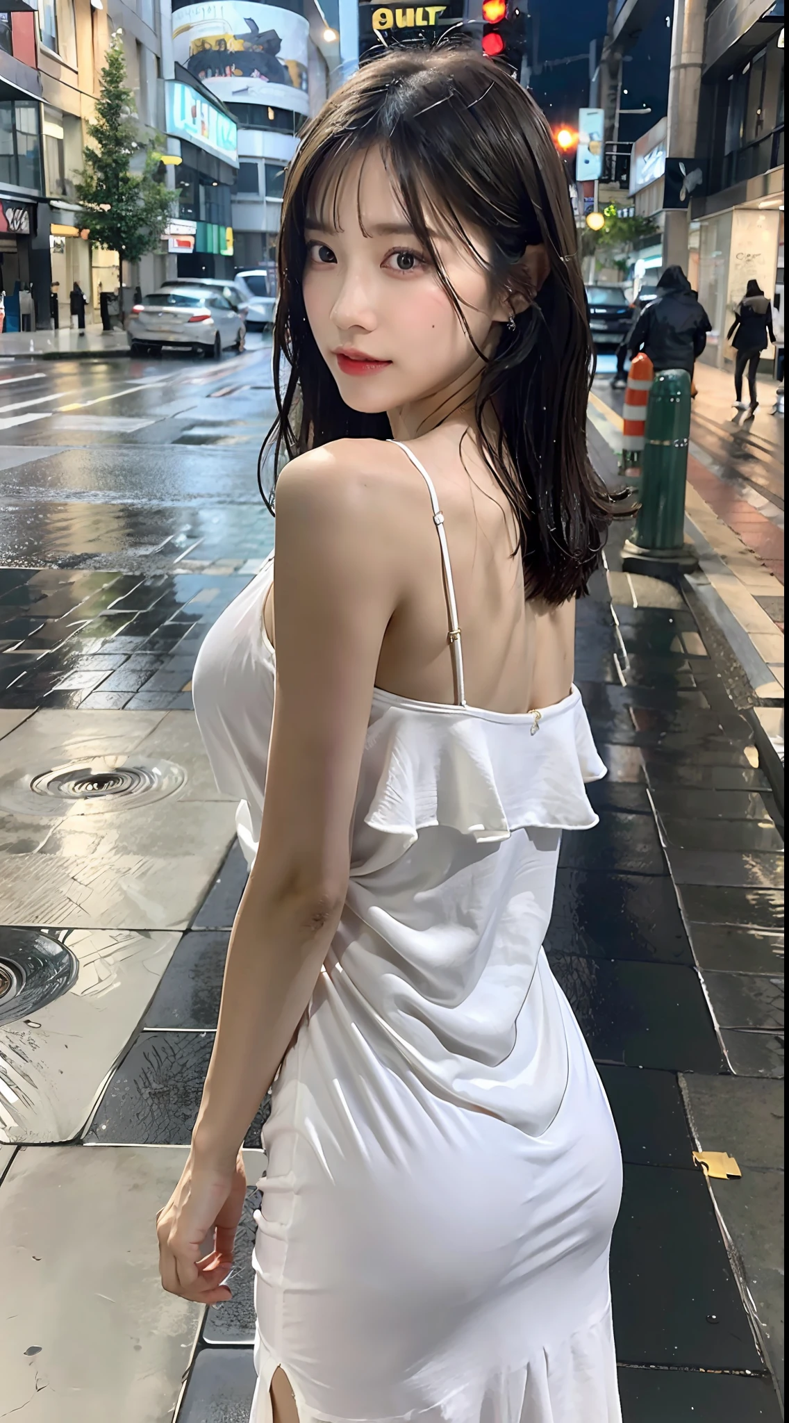 ((Best Quality, 8k, Masterpiece:1.3)), Focus:1.2, Perfect Body Beauty:1.4, Buttocks:1.2, (Layered Haircut, Breasts:1.2)), (Wet Clothes:1.1) , (Rain, Street:1.3), Ultra-sexy Ultra-thin Translucent Bandeau Dress: 1.1, Highly detailed face and skin texture, Fine eyes, Double eyelids, Whitened skin, Long hair