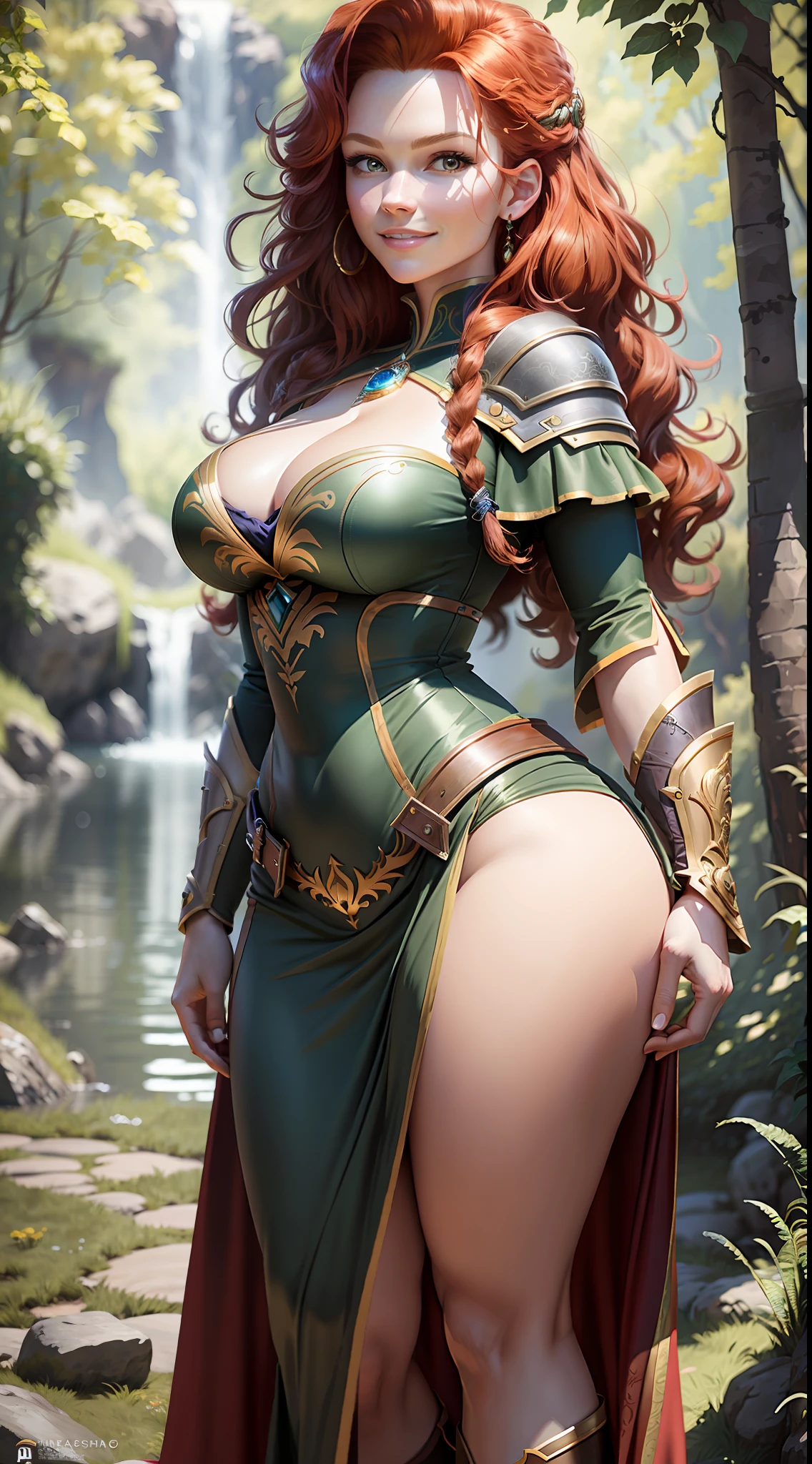 masterpiece, maximum quality, ultra high resolution, 8k, Merida (Brave Movie), extremely beautiful, full body, alone, very thin, extremely detailed face, detailed eyes, mischievous smile, cheerful, realistic photo, totally realistic, human pelle, studio lighting, perfect, wide hips, thick thighs, , bunched butt, big ass, wearing gold micro dress, back to camera