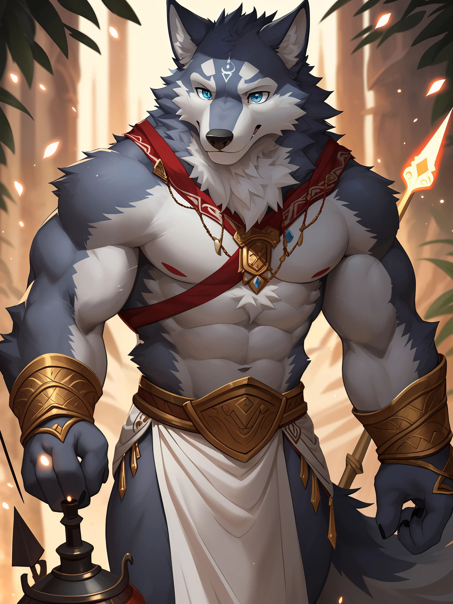 Masterpiece, official art, furry, male, anthropomorphic gray wolf, delicate face, delicate eyes, azure eyes, white loincloth, kerosene lamp, red vertical on forehead, spear in hand: 1.2, depth of field, perfect lighting, light particles, (best quality), (masterpiece), (hyperdetail), sharp focus, light particles