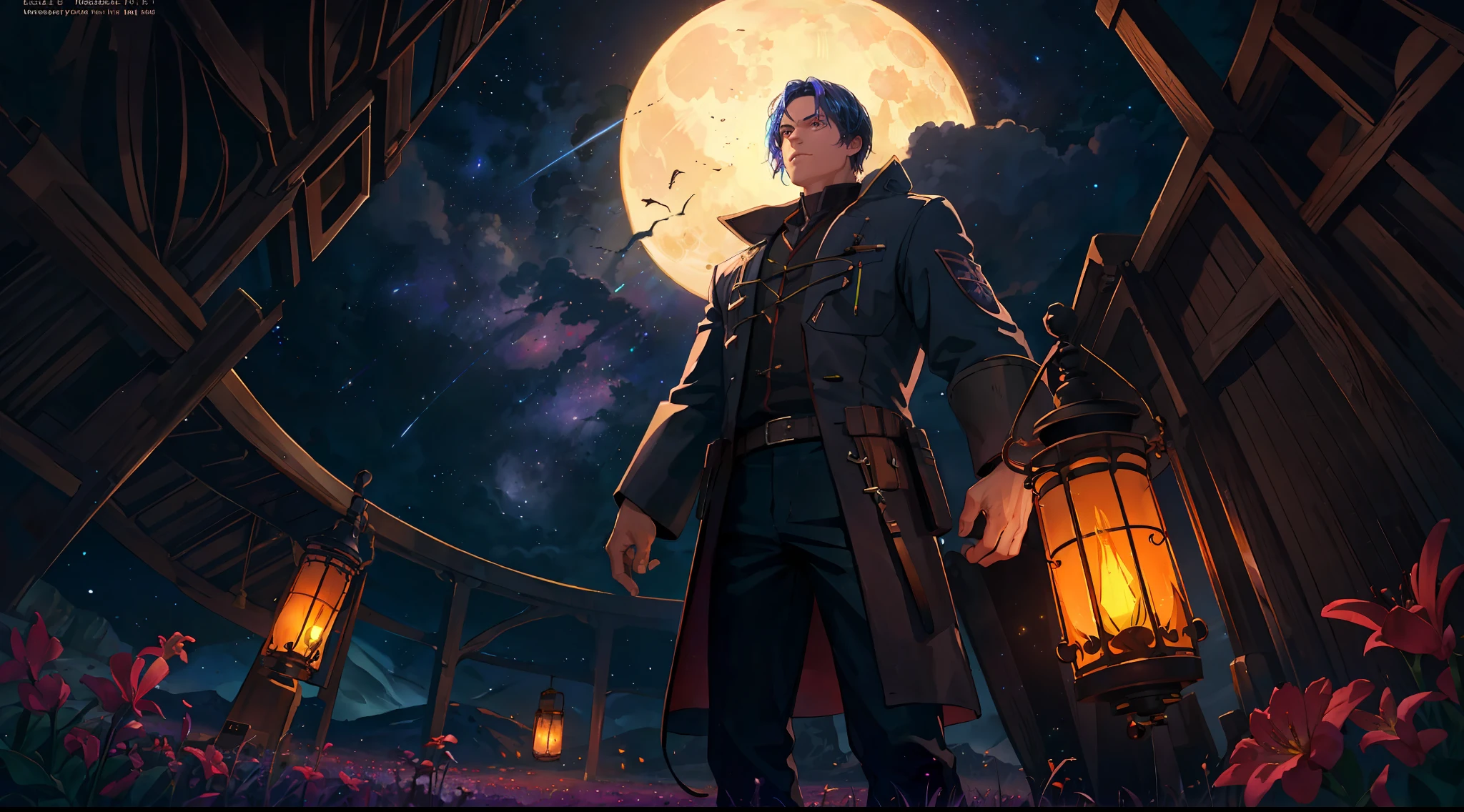 expansive landscape photograph , (a view from below that shows sky above and open field below), a boy standing on flower field looking up, (full moon:1.2), ( shooting stars:0.9), (nebula:1.3), distant mountain, tree BREAK
production art, (warm light source:1.2), (Firefly:1.2), lamp, lot of purple and orange, intricate details, volumetric lighting, realism BREAK
(masterpiece:1.2), (best quality), 4k, ultra-detailed, (dynamic composition:1.4), highly detailed, colorful details,( iridescent colors:1.2), (glowing lighting, atmospheric lighting), dreamy, magical, (solo:1.2)