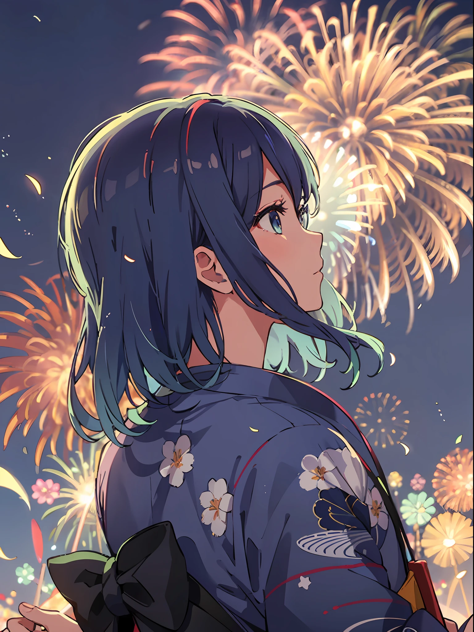 Looking from behind, looking up at the sky, yukata, festival, (fireworks: 1.5), Akane, blue eyes, blue hair, long hair, from an angle, wind blowing and hair fluttering, watching fireworks,