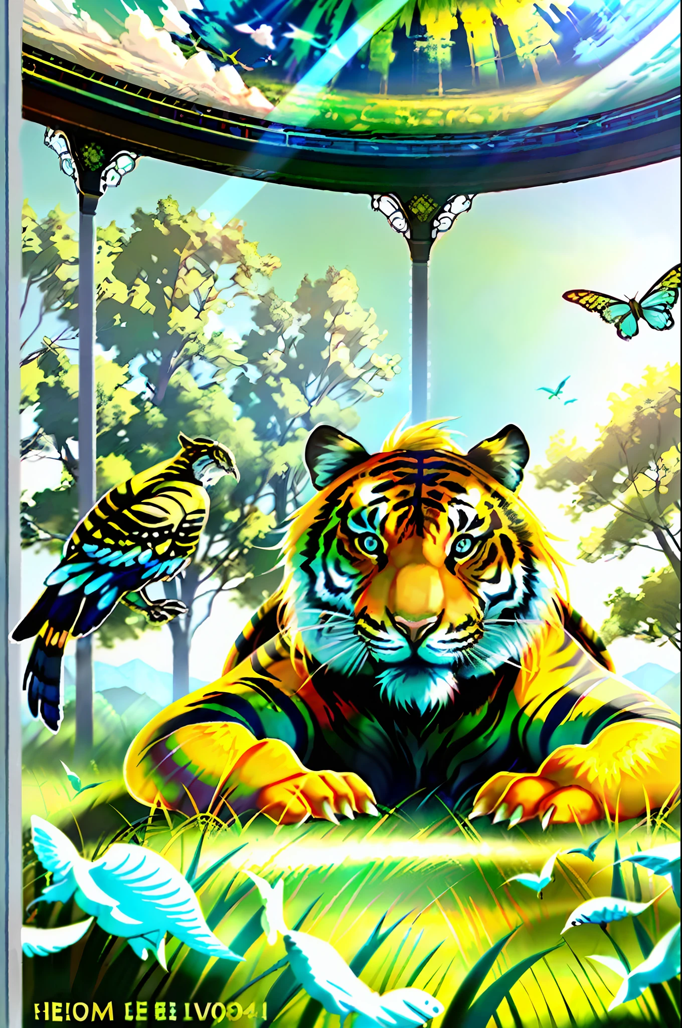 (((photorealistic))), ethereal beauty, extremely detailed, high resolution, best quality, a closeup of a tiger in a field with a bird flying in the background, fauna, full of fauna, ecopunk, tv show, echo, alien fauna, bright fauna, wildlife documentary, fursona, promotional image, image, edvige faini, flora and fauna, avatar image, new design, ecology, thumbnail,  Nature documentary, TV commercial