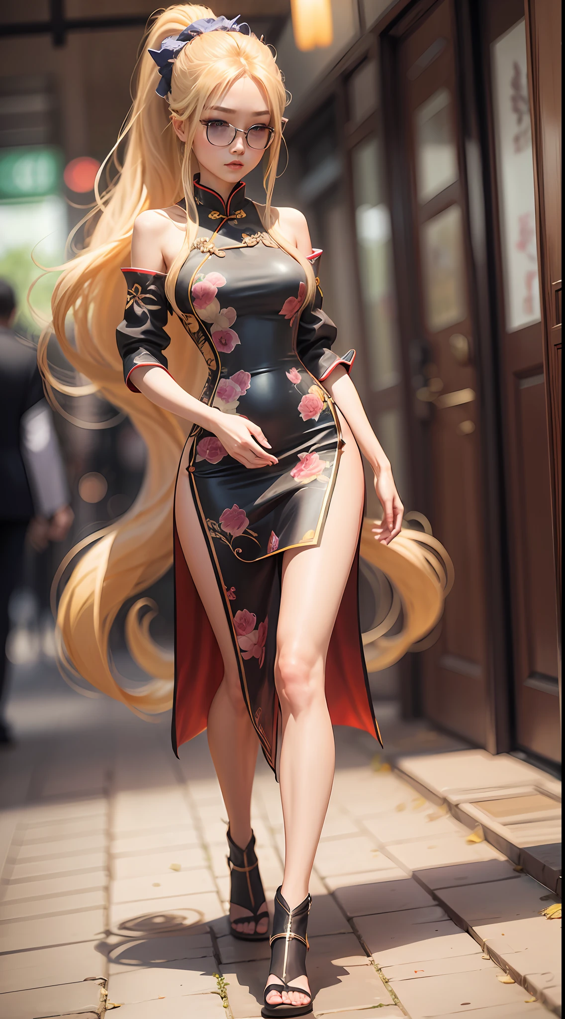 Two-dimensional, blonde girl, long hair, tall figure, large chest, high ponytail, flushed face, cheongsam, thin waist, long legs, little fabric --auto --s2