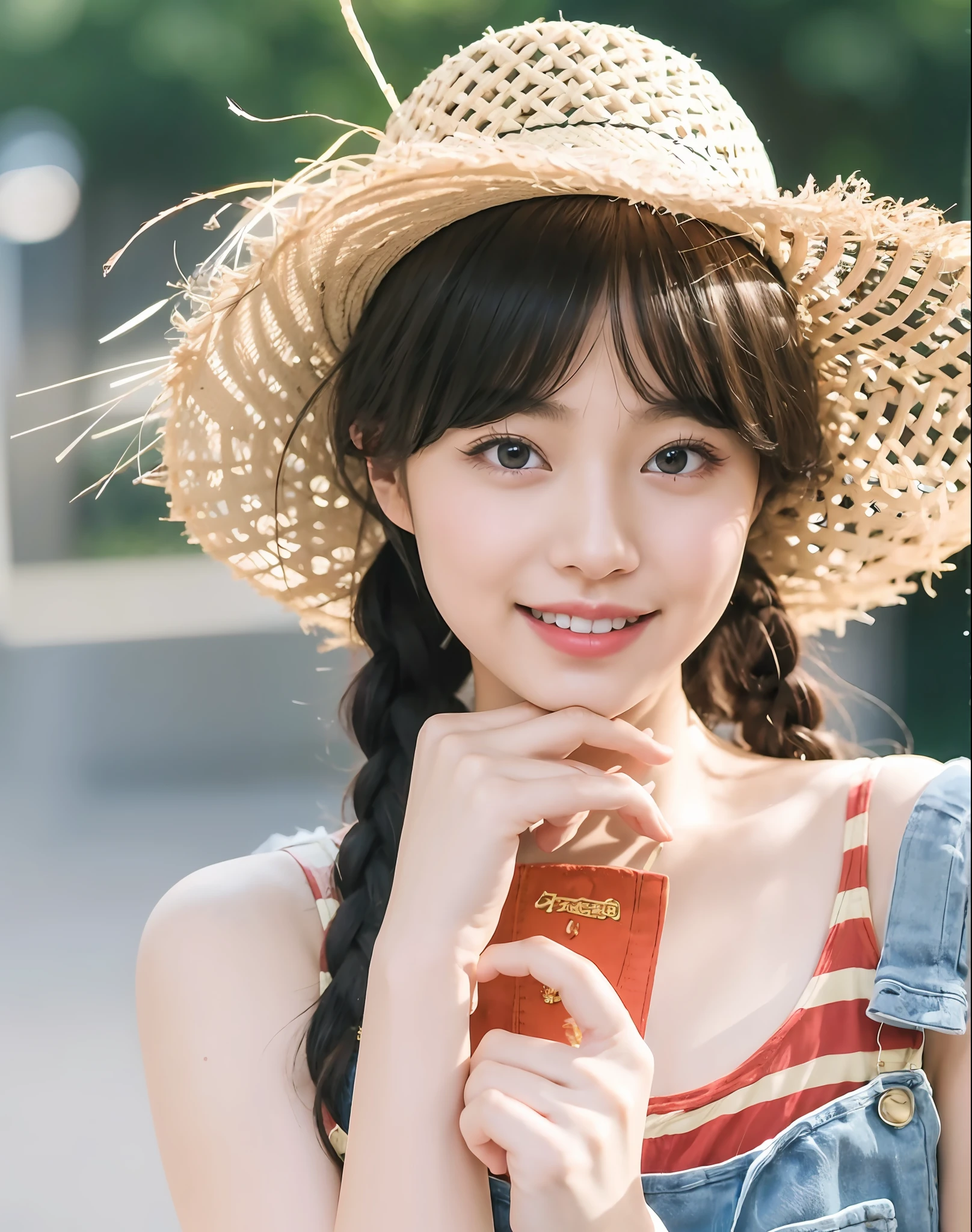 (Masterpiece)), (Best Quality), (detailed), 1 girl, 18 years old, playful expression, medium breasts, long hair, beautiful, natural, not exposed, alafi woman with baseball bat in straw hat and overalls, straw hat, a cute young woman, anime girl in real life, young cute girl in straw hat, Chinese girl, straw hat and overalls, attractive girl, cute thin face for girl, cute young woman, cute - fine face, Cute young girl