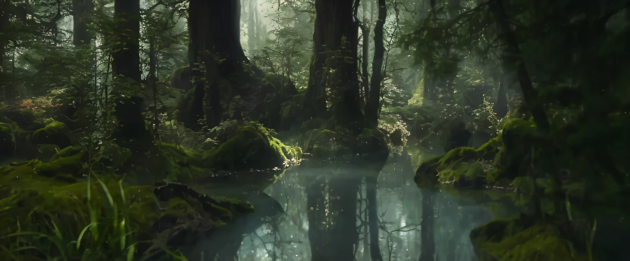 a closeup of a lake in a forest with trees and grass, movie scene, mystic forest pond, from Maleficent (2014), peaceful elven forest, magical environment, magical forest in the background, the most beautiful scene, movie screenshot, fantasy, medieval, fairy tale, realistic, detailed --auto --s2