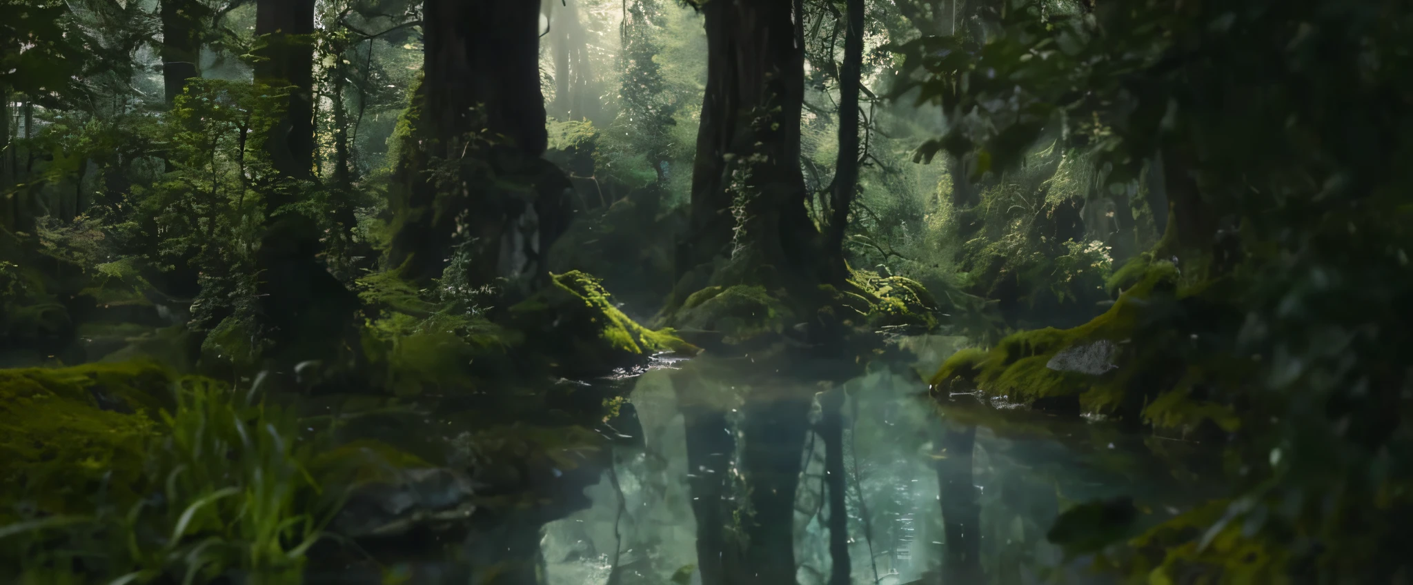 a closeup of a lake in a forest with trees and grass, movie scene, mystic forest pond, from Maleficent (2014), peaceful elven forest, magical environment, magical forest in the background, the most beautiful scene, movie screenshot, fantasy, medieval, fairy tale, realistic, detailed --auto --s2