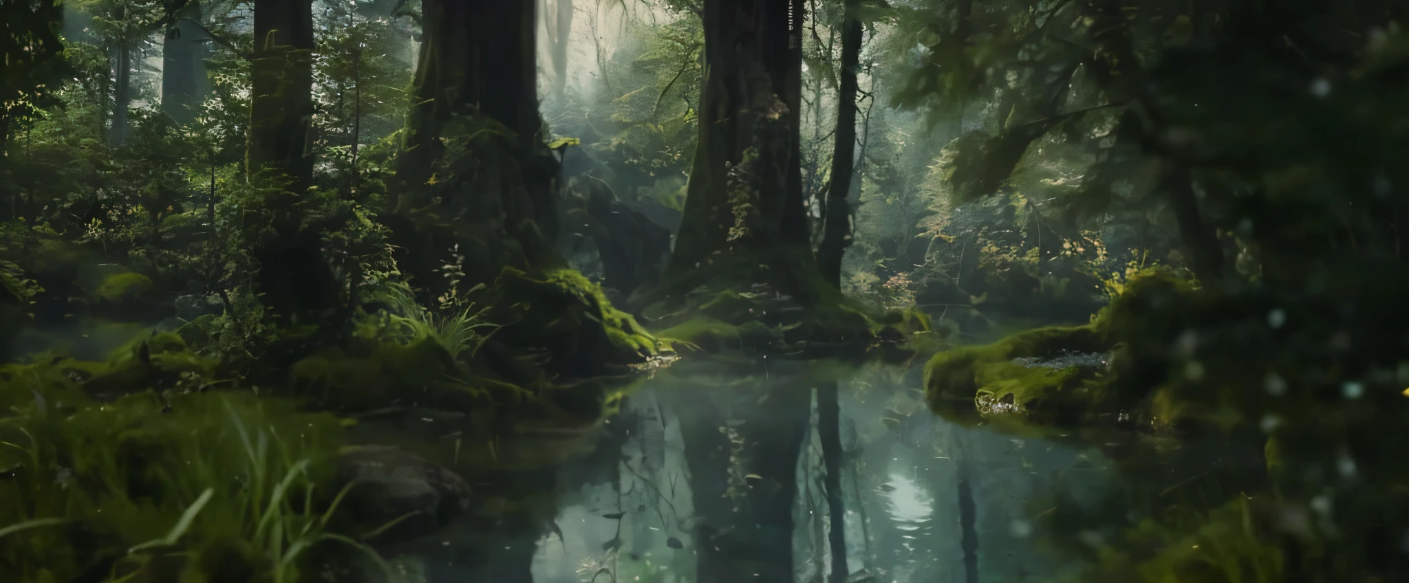 a closeup of a lake in a forest with trees and grass, movie scene, mystic forest pond, from Maleficent (2014), peaceful elven forest, magical environment, magical forest in the background, the most beautiful scene, movie screenshot, fantasy, medieval, fairy tale, realistic, detailed --auto --s2
