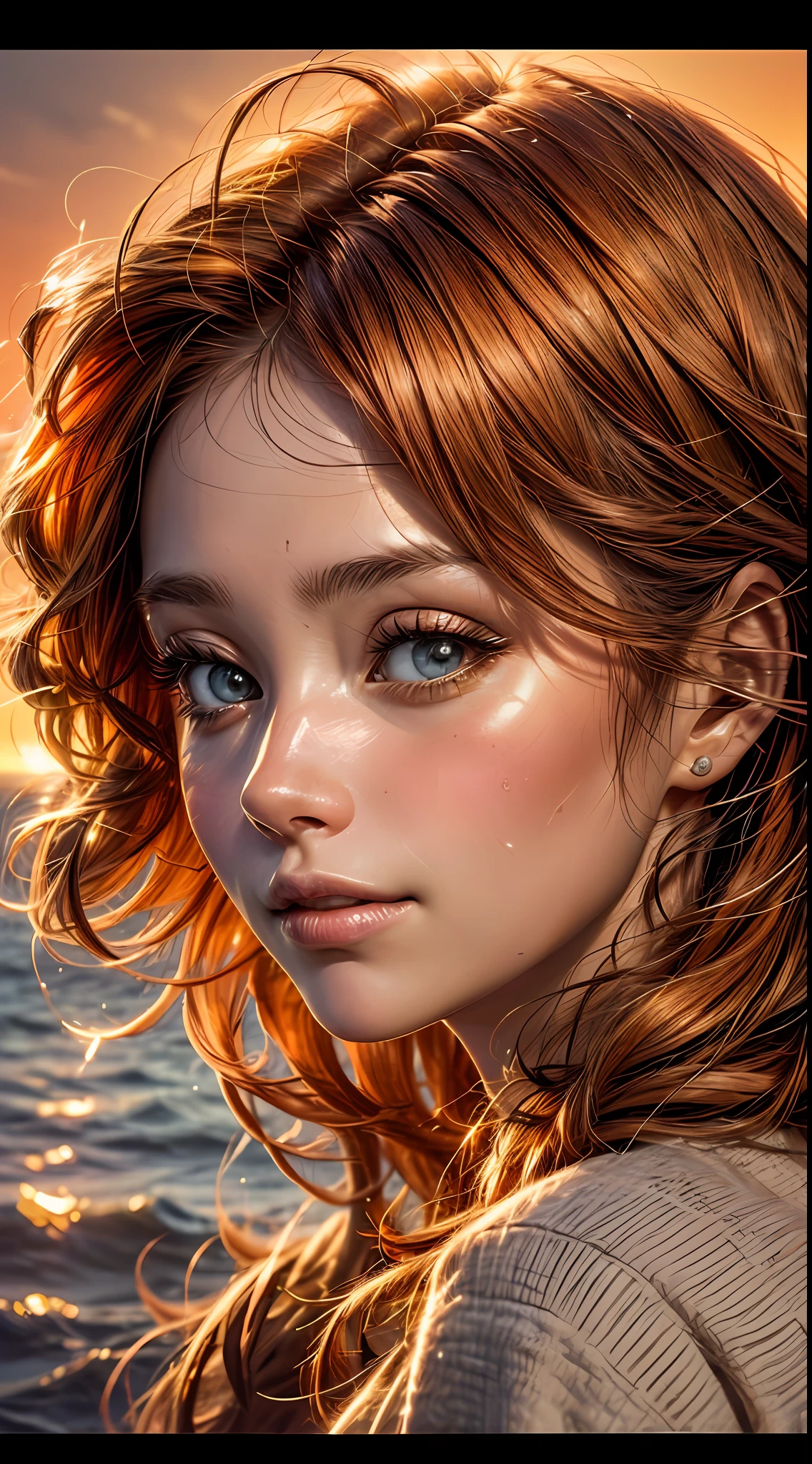 A close-up of a woman's face, bathed in warm orange hues, as if lit by the soft glow of a sunset, her eyes sparkling with joy and contentment, framed by wisps of flowing auburn hair, Photography, shot with a 35mm lens