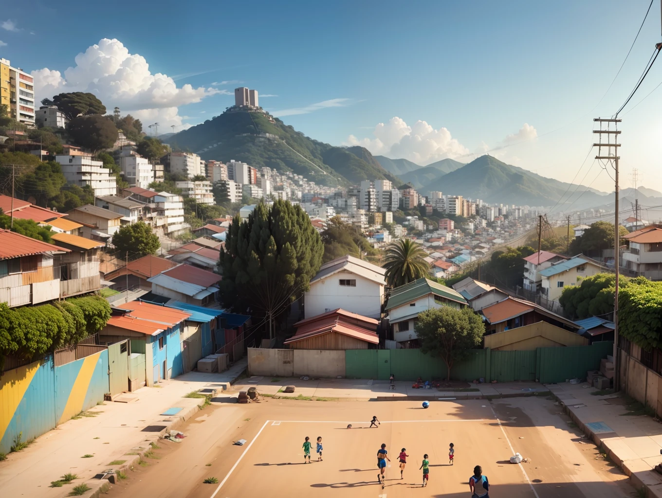 wide shot, daylight, a soccer field with a dirt ground and improvised goals, surrounded by colorful houses on a hillside, kids playing soccer, graffiti on the walls, clotheslines, satellite dishes, power lines, lively, colorful --location Rio de Janeiro --auto --s2